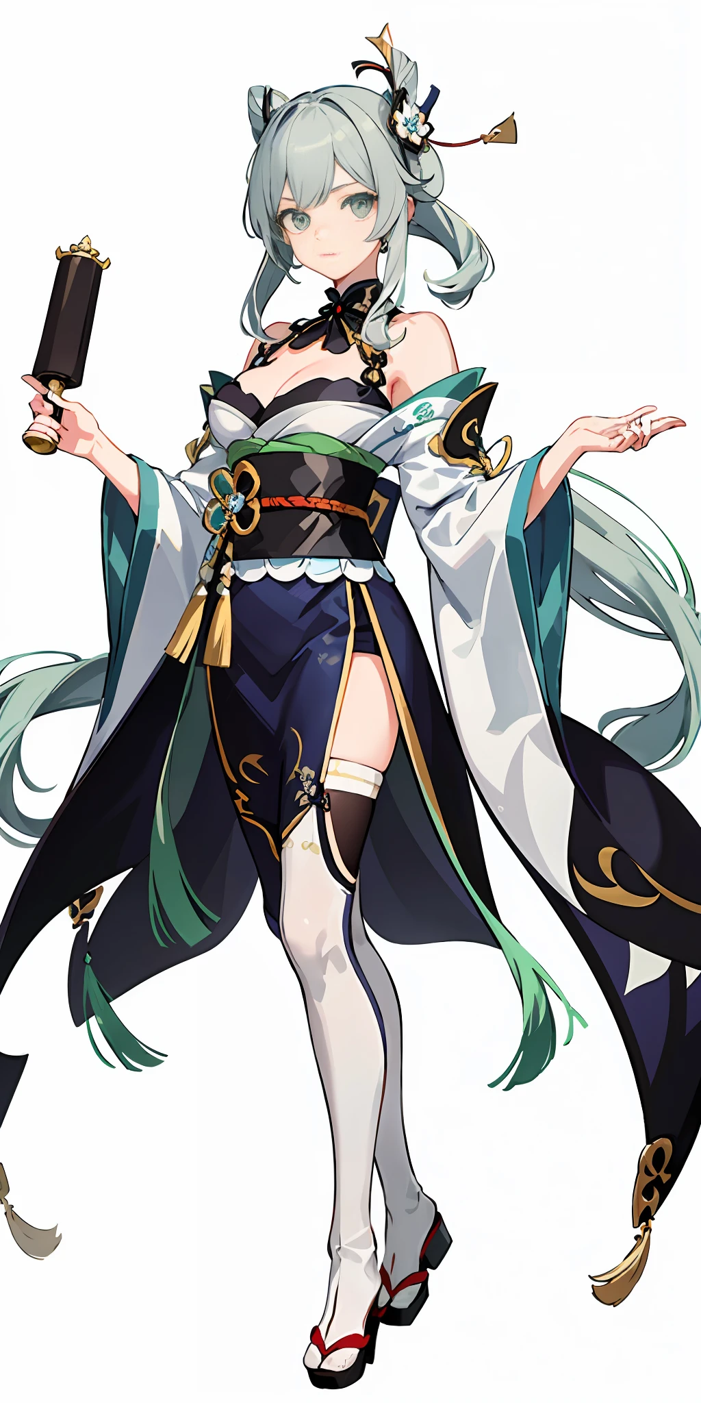 (top quality, masterpiece, white background, Genshin) gray hair, Japanese style costume, Genshin, blue-green eyes, older sister, bangs that hide one eye, expressionless, legal instrument, huge, cleavage, tights, long bangs, shoulder out, kimono, blue-green jewelry