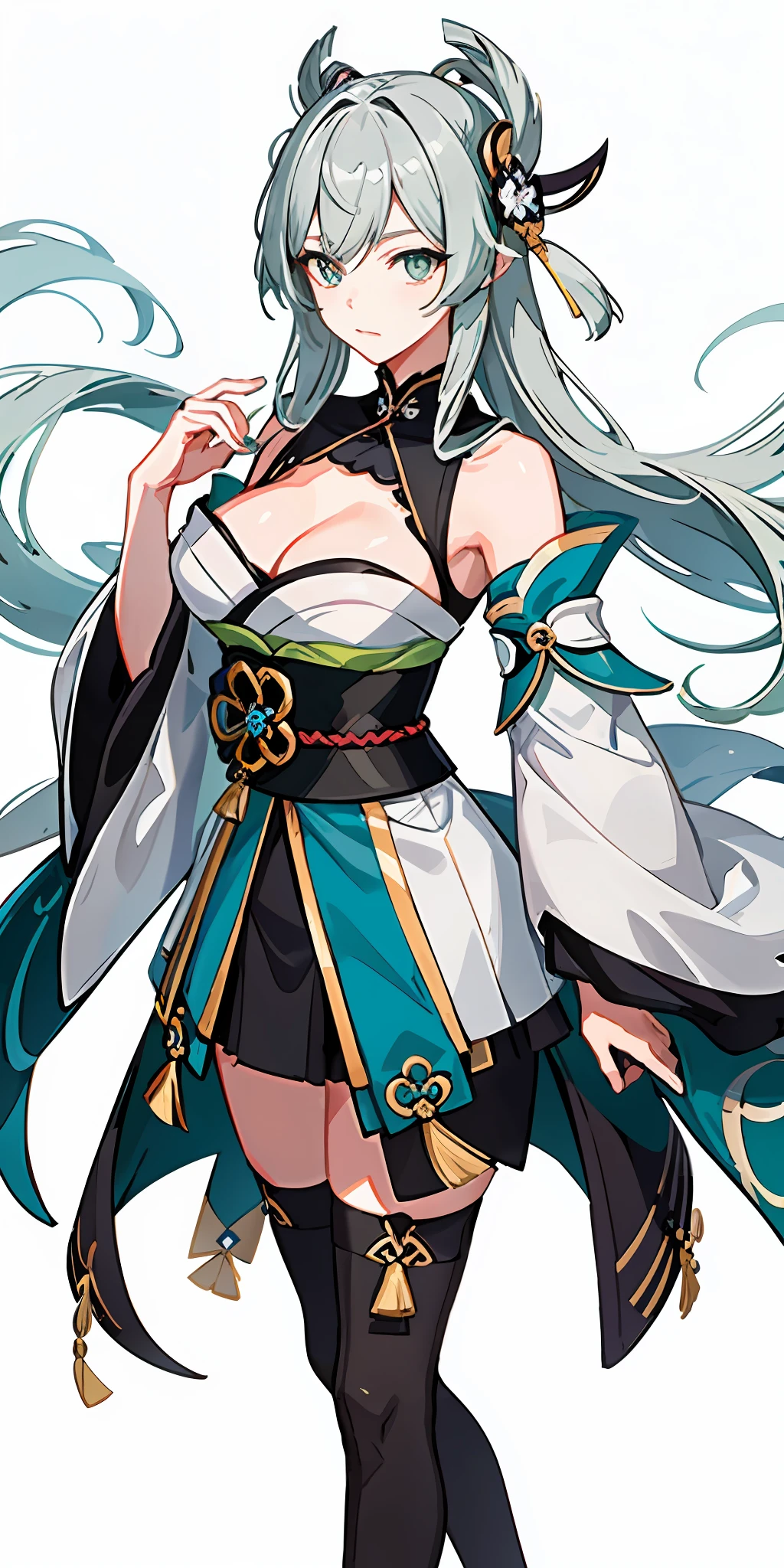 (top quality, masterpiece, white background, Genshin) gray hair, Japanese style costume, Genshin, blue-green eyes, older sister, bangs that hide one eye, expressionless, legal instrument, huge, cleavage, tights, long bangs, shoulder out, kimono, blue-green jewelry