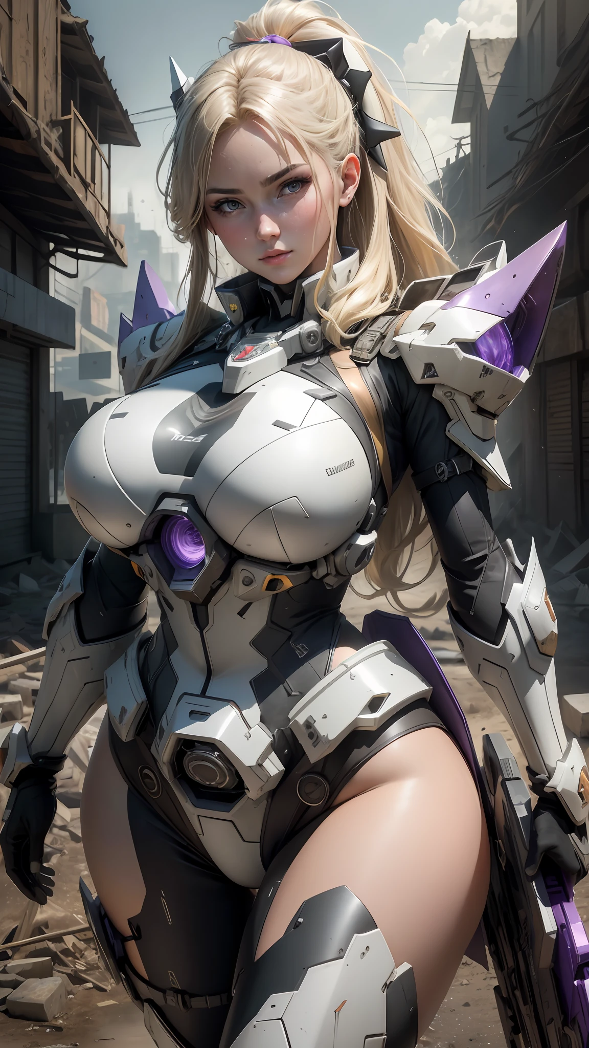 (8k, masterpiece, best quality), ultra-detailed, detailed beautiful round eyes, beautifully detailed face, high quality, high resolution, mecha women with bow wearing sexy outfit in the ruin of city, ancient technology,HDR (High Dynamic Range),Ray Tracing,NVIDIA RTX,Super-Resolution,Unreal 5,Subsurface scattering,PBR Texturing,Post-processing,Anisotropic Filtering,Depth-of-field,Maximum clarity and sharpness,Multi-layered textures,Perfect proportions,Octane Render,Two-tone lighting,Low ISO,White balance,Rule of thirds,Wide aperature,8K RAW,Efficient Sub-Pixel,sub-pixel convolution,luminescent particles,light scattering,Tyndall effect, (massive breast:1.3), mecha, thicc, busty, blonde, long hair,purple dress, milf