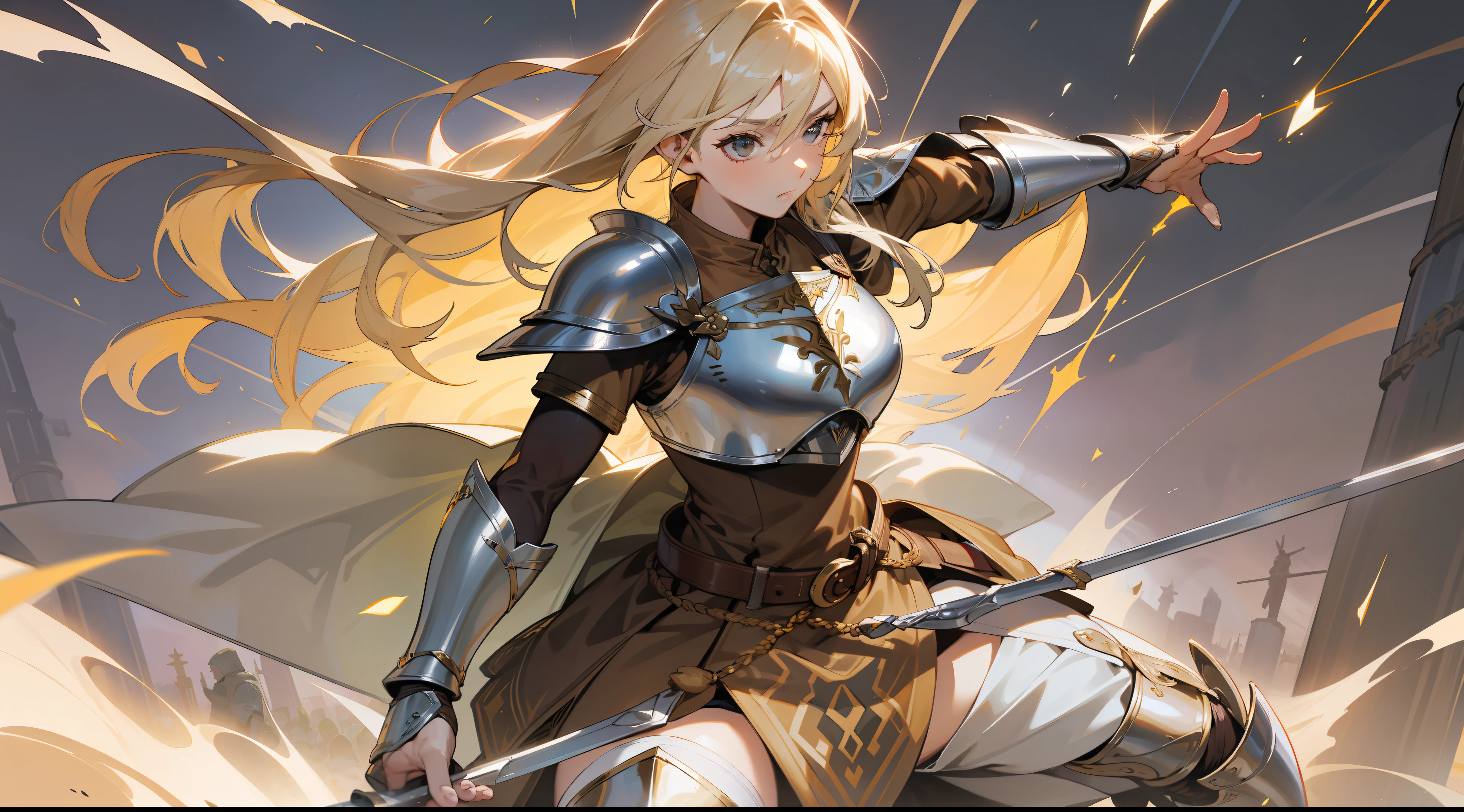 masterpiece, best quality, mature woman, warrior, long light blonde hair, brown clothing, silver breastplate, silver shin guard, belt, skirt, costume, medieval, in a battle arena, dynamic pose, beautiful detailed glow.