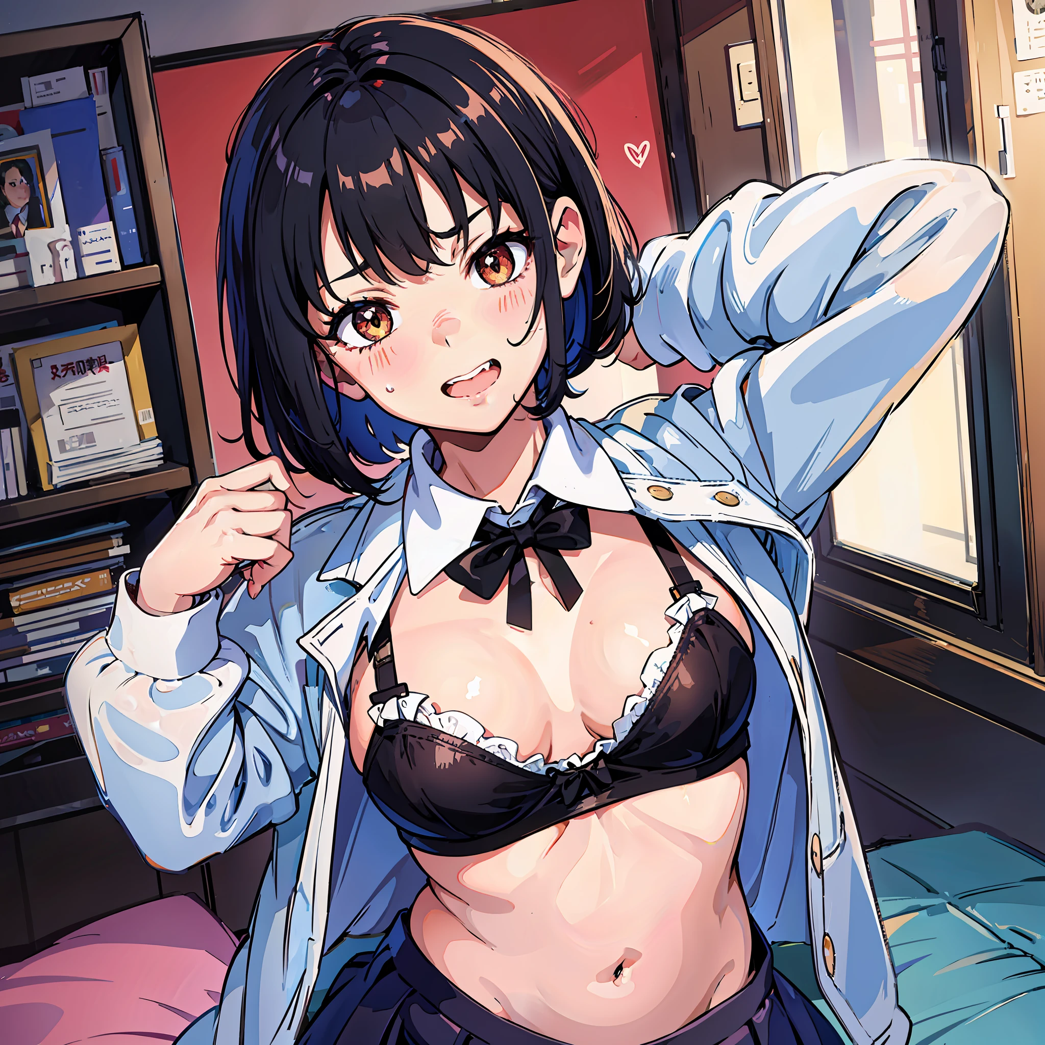  sister, cute bra, 8K, best quality, 14 yeae, looking at camera, red cheeks, school uniform, embarrassed, delicate hands, love hotel, love brother, clear liquid leaking from crotch, black hair, bob hair, bragging breasts, taking off clothes and showing off breasts, chest sticking out pose, glaring, clenching teeth, ecstasy
