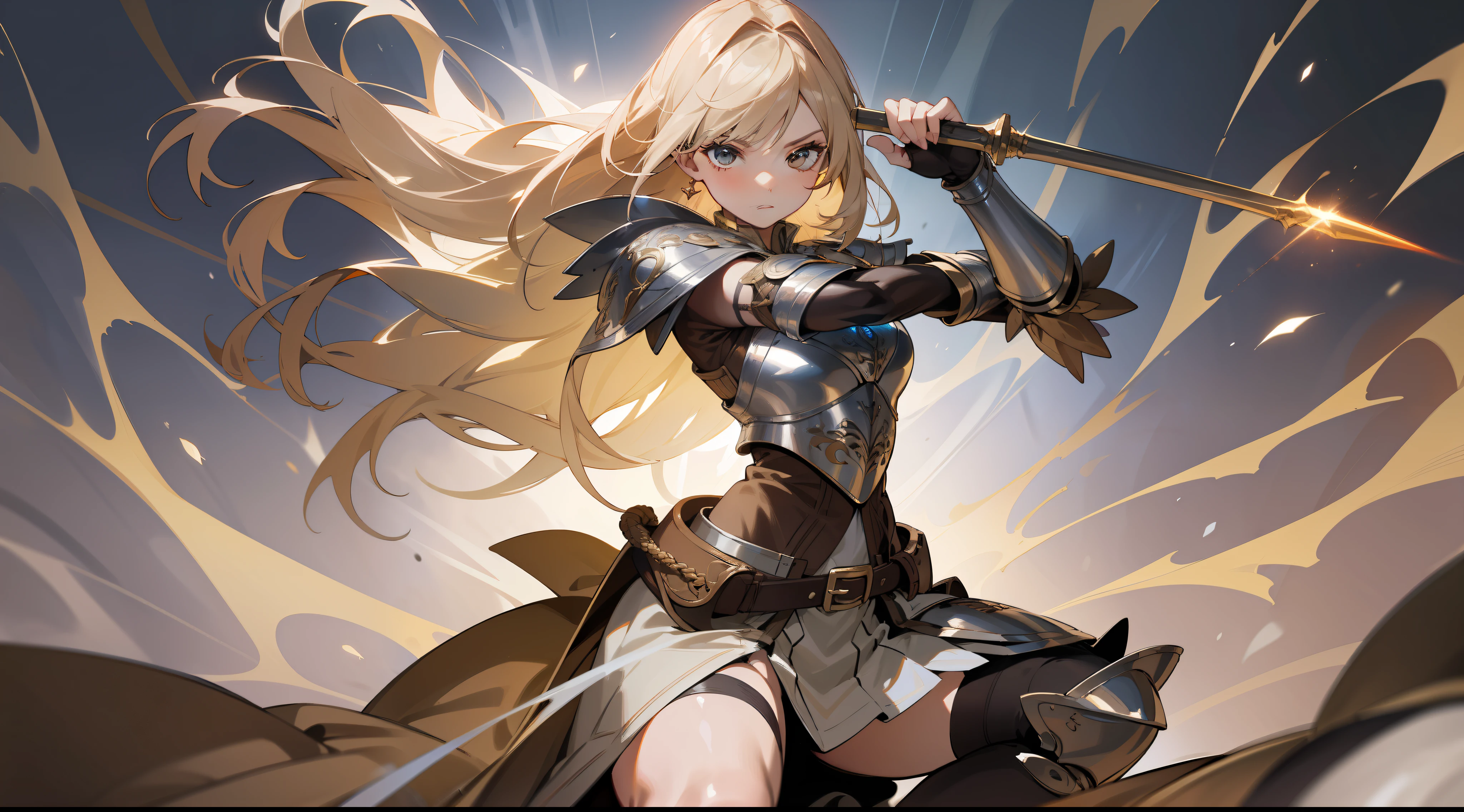 masterpiece, best quality, a mature woman, warrior, long light blonde hair, brown clothing, silver breastplate, silver shin guard, belt, skirt, costume, medieval, in a battle arena, night, dynamic pose, beautiful detailed glow.