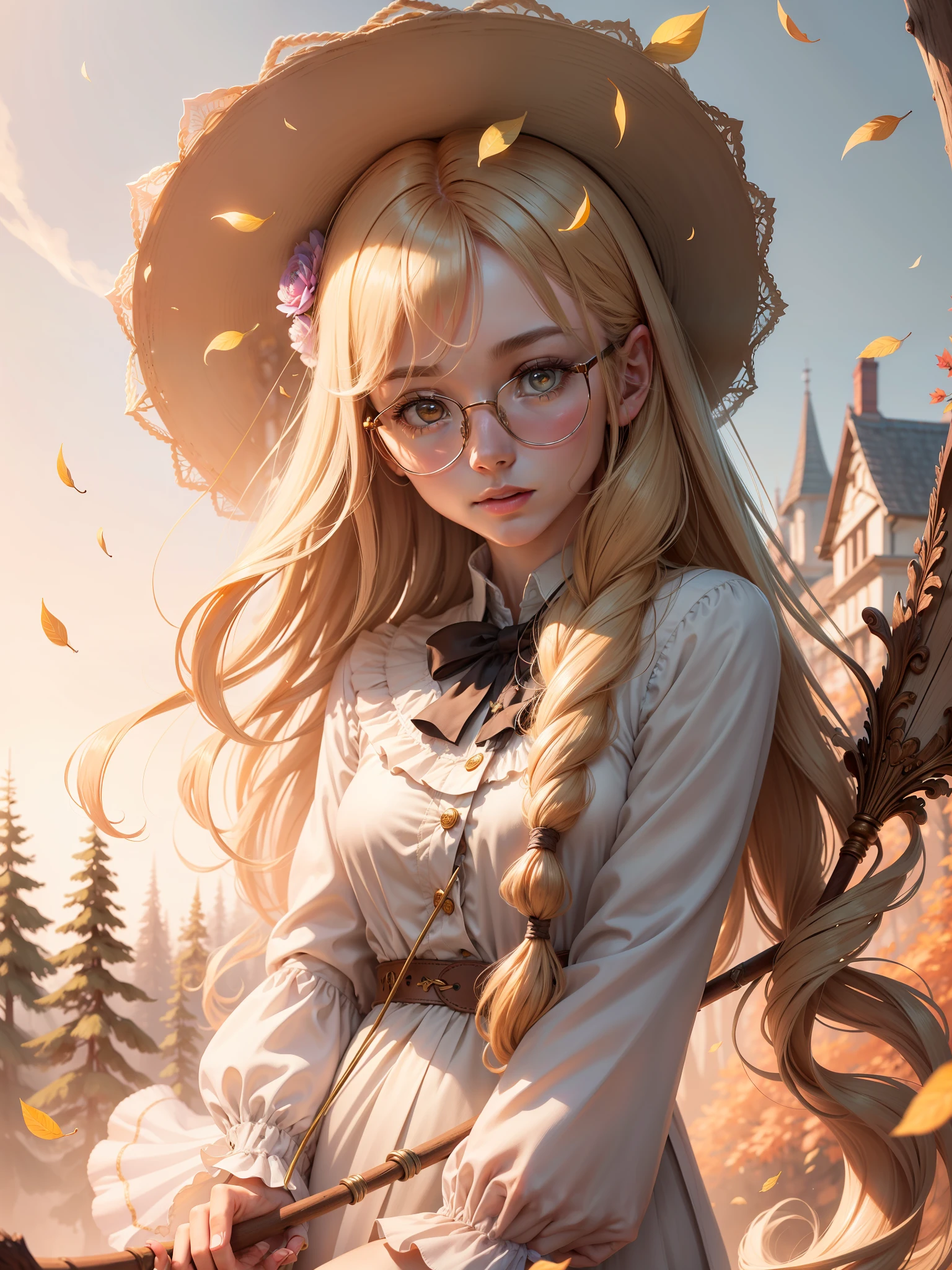 Masterpiece, Best Quality, (Very Detailed CG Unity 8k Wallpaper) (Best Quality), (Best Illustration), (Best Shadow) Delicate leaves of nature petals of various colors fall in the air Light tracking, super detailed , long colored hair, golden eyes, blouse , golden round-framed glasses , natural hands , gold wire eyes , right hand holding a staff in one hand , only one staff , carrying a satchel, --v6