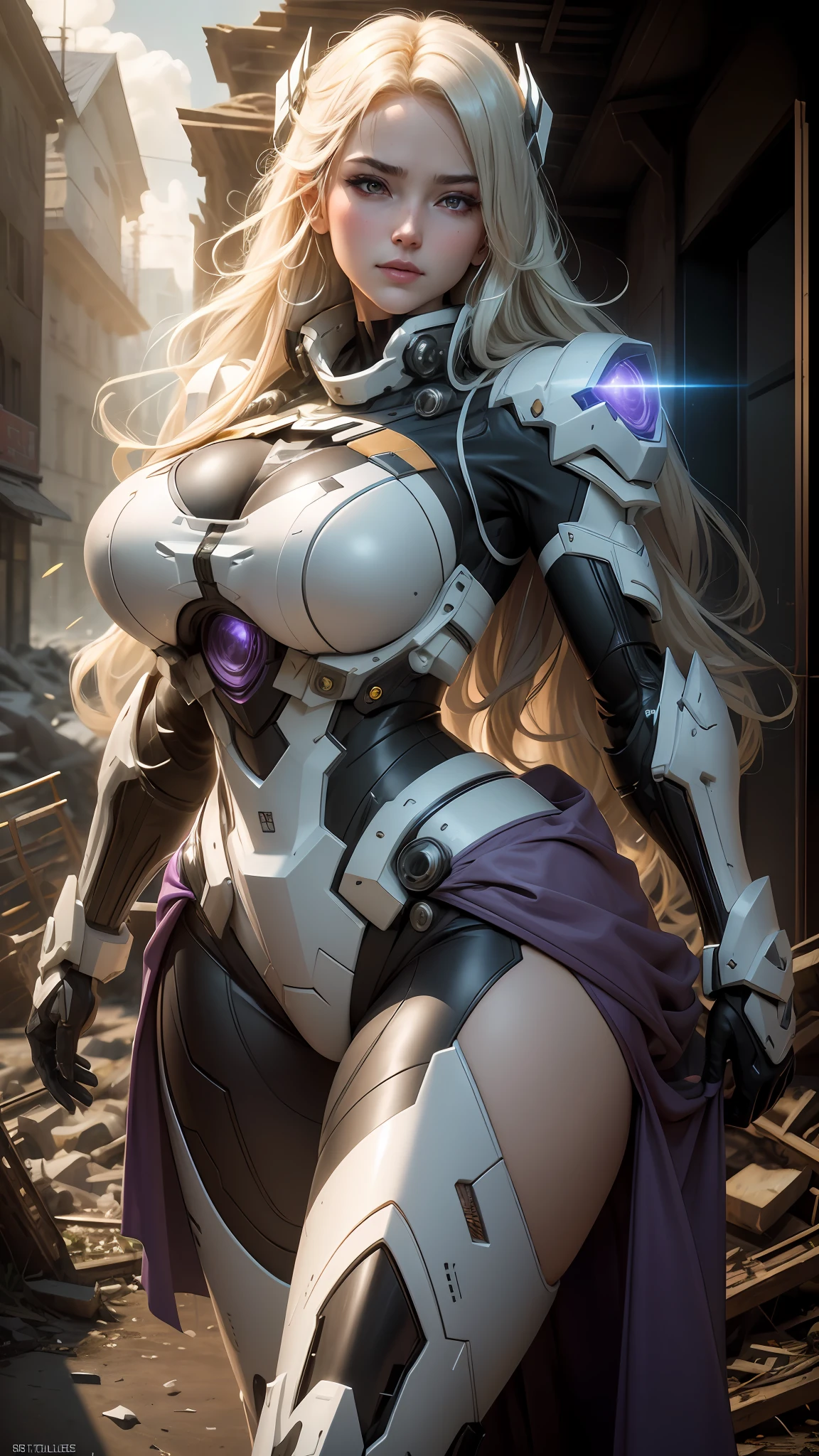 (8k, masterpiece, best quality), ultra-detailed, detailed beautiful round eyes, beautifully detailed face, high quality, high resolution, mecha women with bow wearing sexy outfit in the ruin of city, ancient technology,HDR (High Dynamic Range),Ray Tracing,NVIDIA RTX,Super-Resolution,Unreal 5,Subsurface scattering,PBR Texturing,Post-processing,Anisotropic Filtering,Depth-of-field,Maximum clarity and sharpness,Multi-layered textures,Perfect proportions,Octane Render,Two-tone lighting,Low ISO,White balance,Rule of thirds,Wide aperature,8K RAW,Efficient Sub-Pixel,sub-pixel convolution,luminescent particles,light scattering,Tyndall effect, (massive breast:1.3), mecha, thicc, busty, blonde, long hair,purple dress, milf