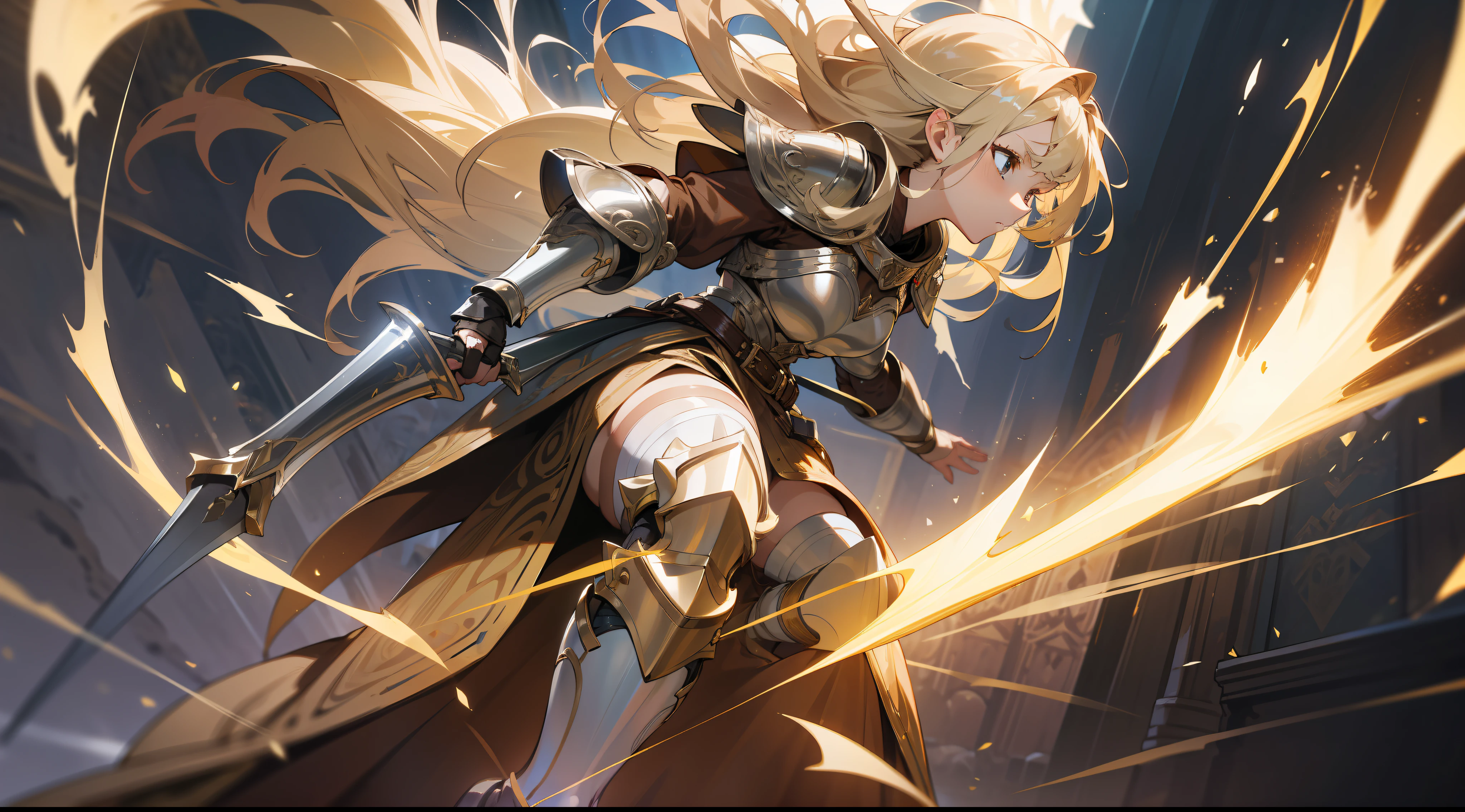 masterpiece, best quality, a mature woman, warrior, long light blonde hair, brown clothing, silver breastplate, silver shin guard, belt, skirt, costume, medieval, in a battle arena, night, dynamic pose, beautiful detailed glow.