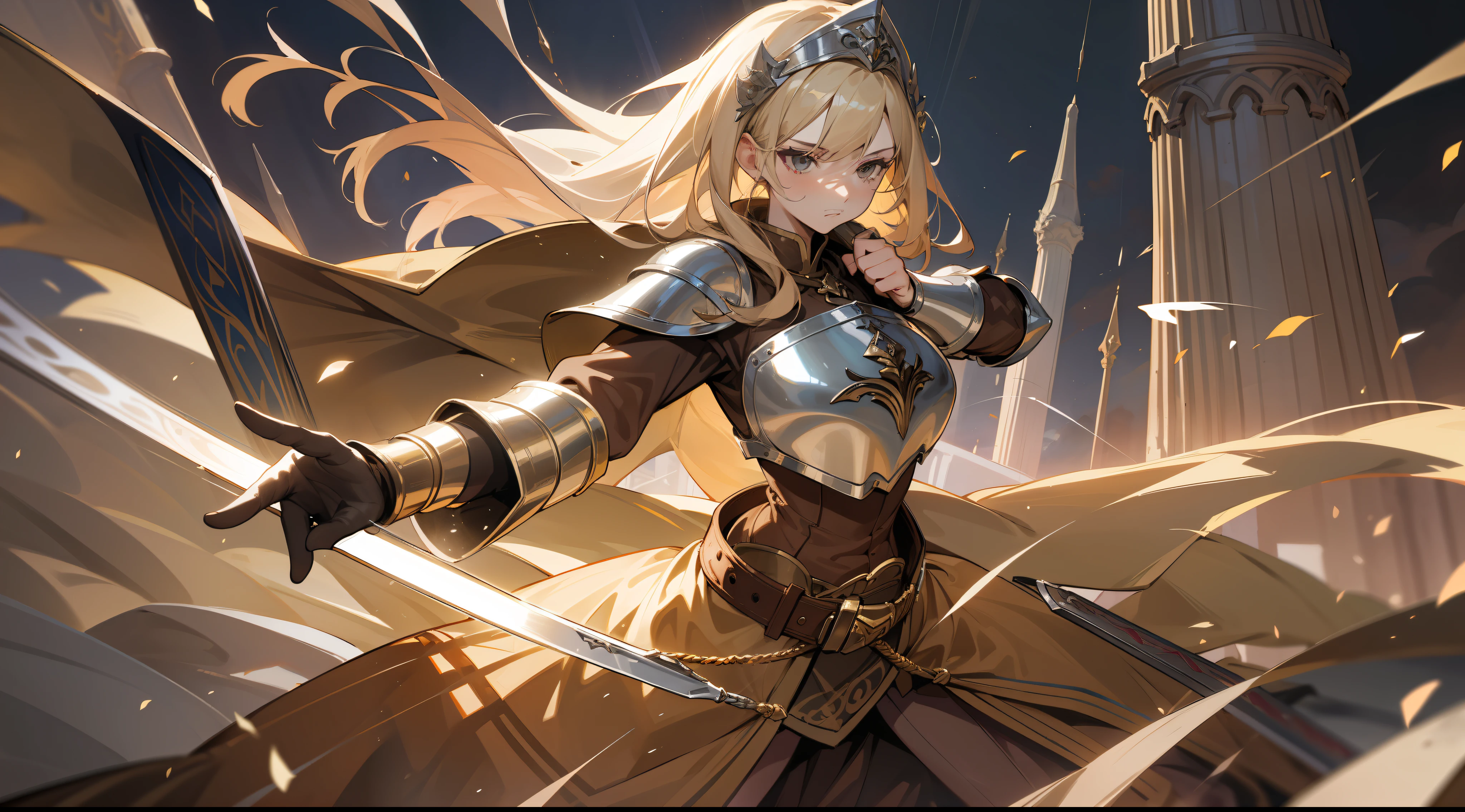 masterpiece, best quality, a mature woman, warrior, long light blonde hair, brown clothing, silver breastplate, silver shin guard, belt, skirt, costume, medieval, in a battle arena, night, dynamic pose, beautiful detailed glow.