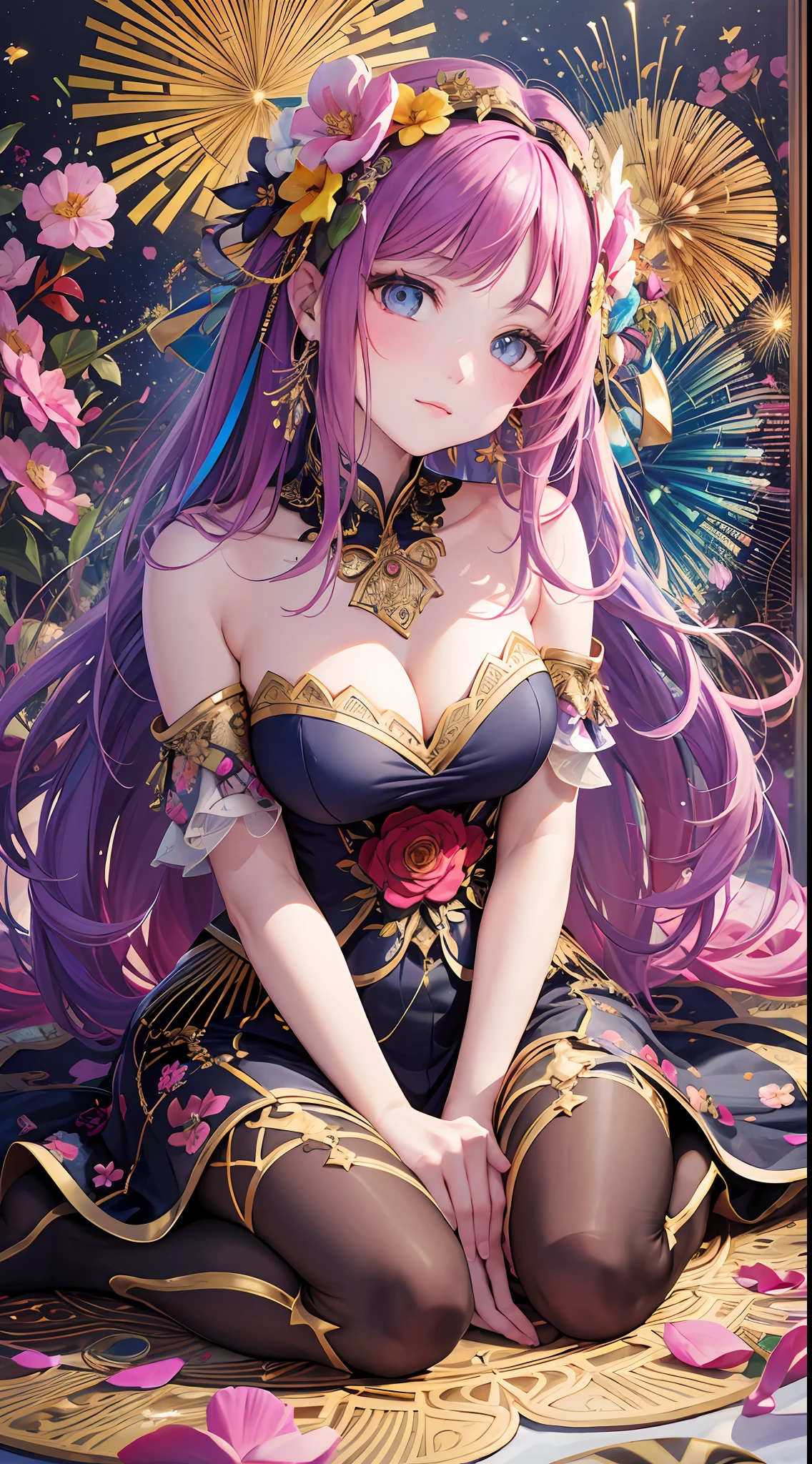 High resolution, high image quality, (maximalism: 1.8) portrait, 1 girl, thank you, bowing your head, flower dance, petal fireworks, diffuse reflection light, 2D illustration, asking figure, full body, 9th figure, sitting upright, geometric pattern,