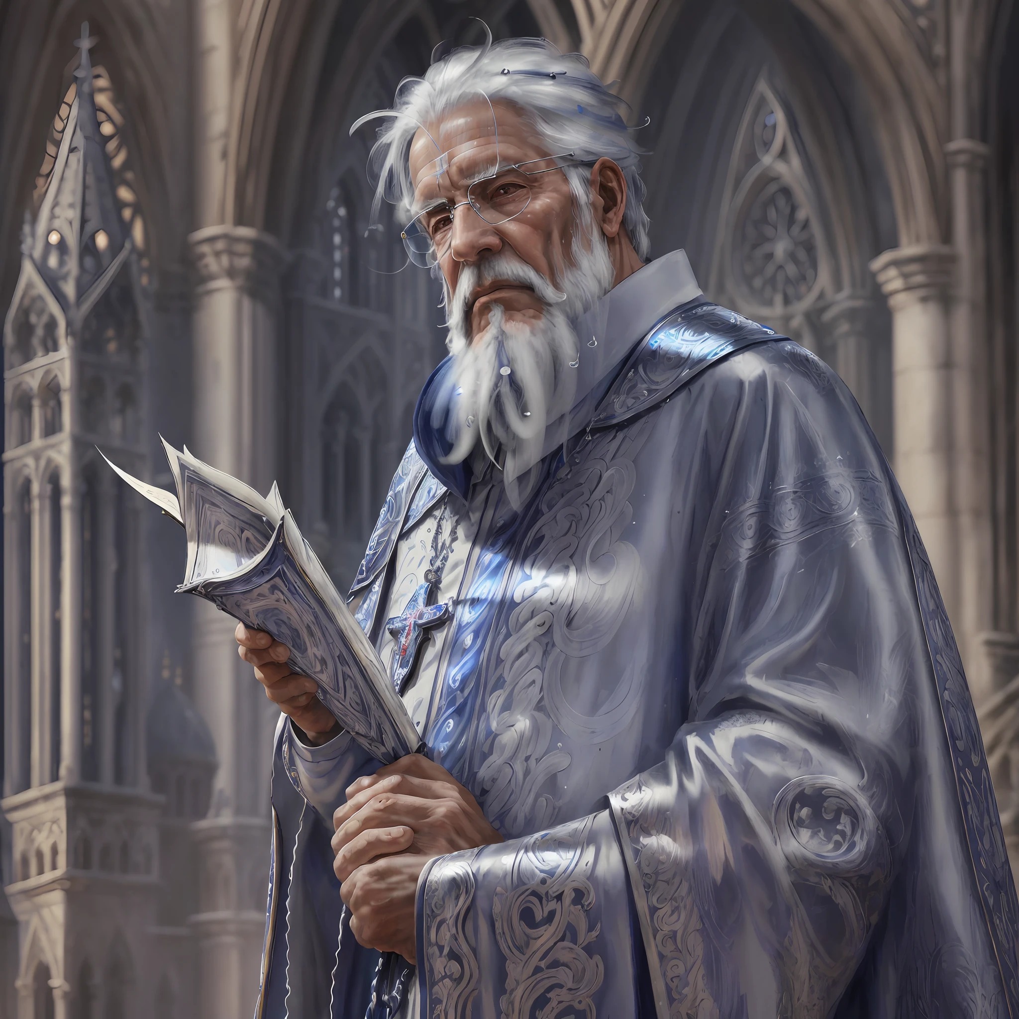((masterpiece)), ((best quality)), ((ultra-detailed)), illustration, a priest of silver pupils, solo, mature, 60 years old, priest, white beard wearing a silver and blue western robe, without any exposure, facing the viewer, pious, indifferent, mysterious, dark, with white tower Gothic cathedral in the background, fantasy --auto --s2