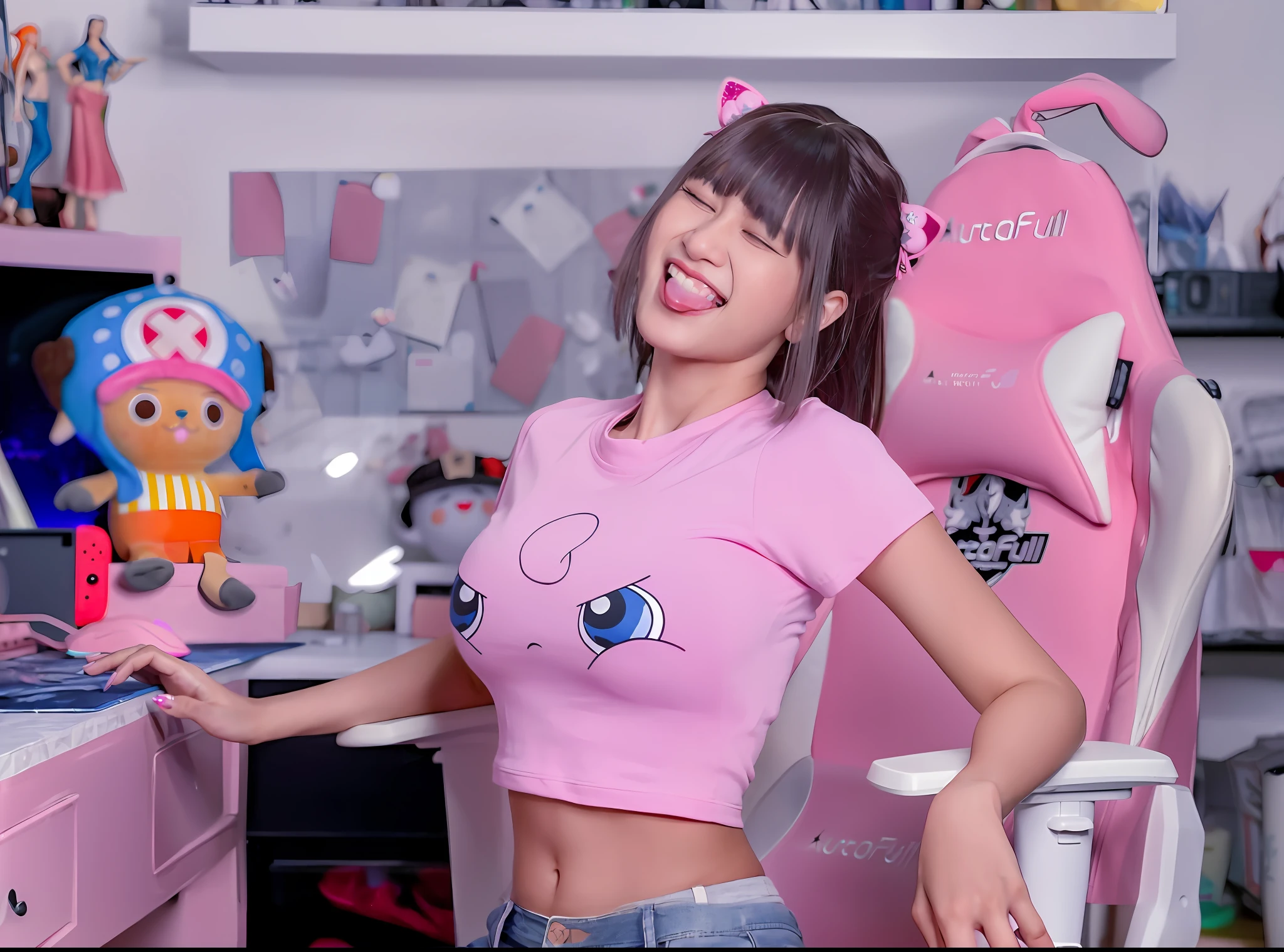 there is a woman sitting at a desk with a laptop, belle delphine, trending at cgstation, trending on cgstation, cutecore, very beautiful cute catgirl, attractive cat girl, d. va from overwatch, pokimane, kawaii shirt and jeans, e-girl, e - girl, anime thai girl, cute kawaii girl, beautiful young catgirl