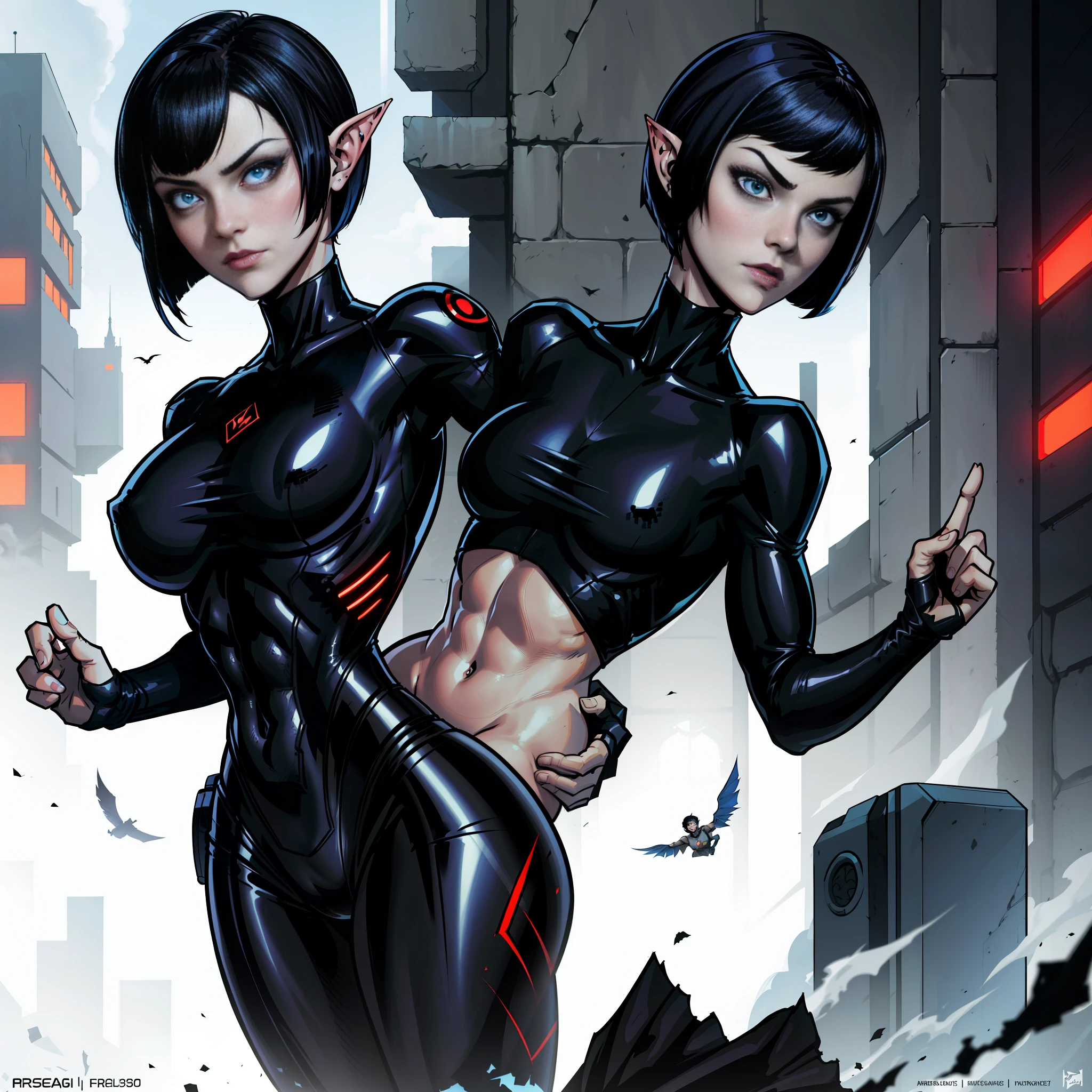 magazine cover, seductive pose, (best quality, masterpiece) a cute chibi girl in mercenary outfit, pale skin, black hair, bright blue and red eyes, short bob haircut, vampire, pointed ears, muscular!, fit body, looking at the viewer, cyberpunk, a lot of blue details, night, illustration, hard look, dramatic light, Yusuke Murata style, Ilya Kuvshinov, handsome face, sweaty body, perfect body, fit body, abdomen, big breasts, chubby butt, prancing ass, heaving butt,