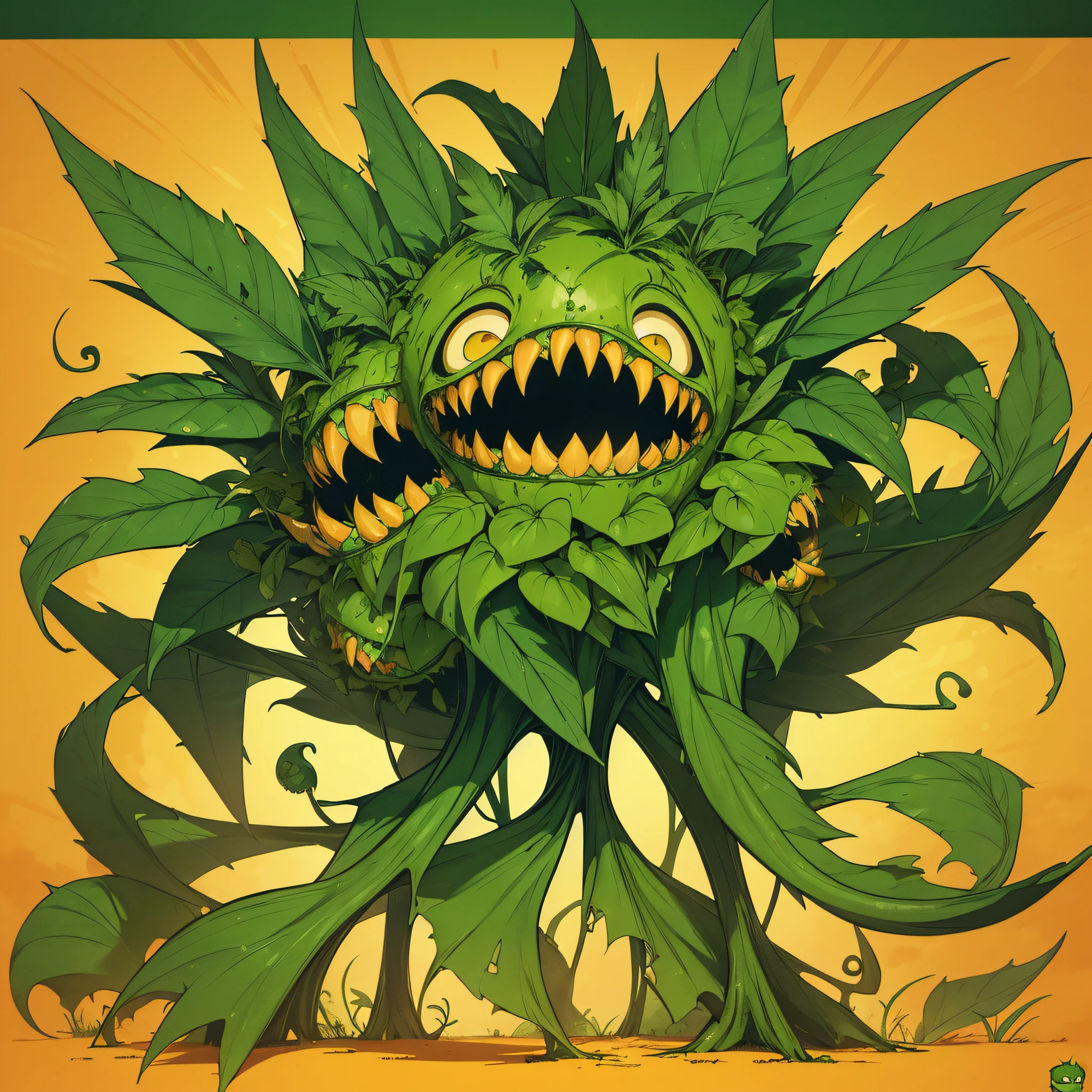 A green plant with a large mouth and a long stem, plant predator, weed cutie mark, plant monster, a plant monster, cartoonish and simplistic, drawn in Microsoft ink, carnivorous plant, orange and green power, Flowey, Green Doom Face, Strange flora, comic book
