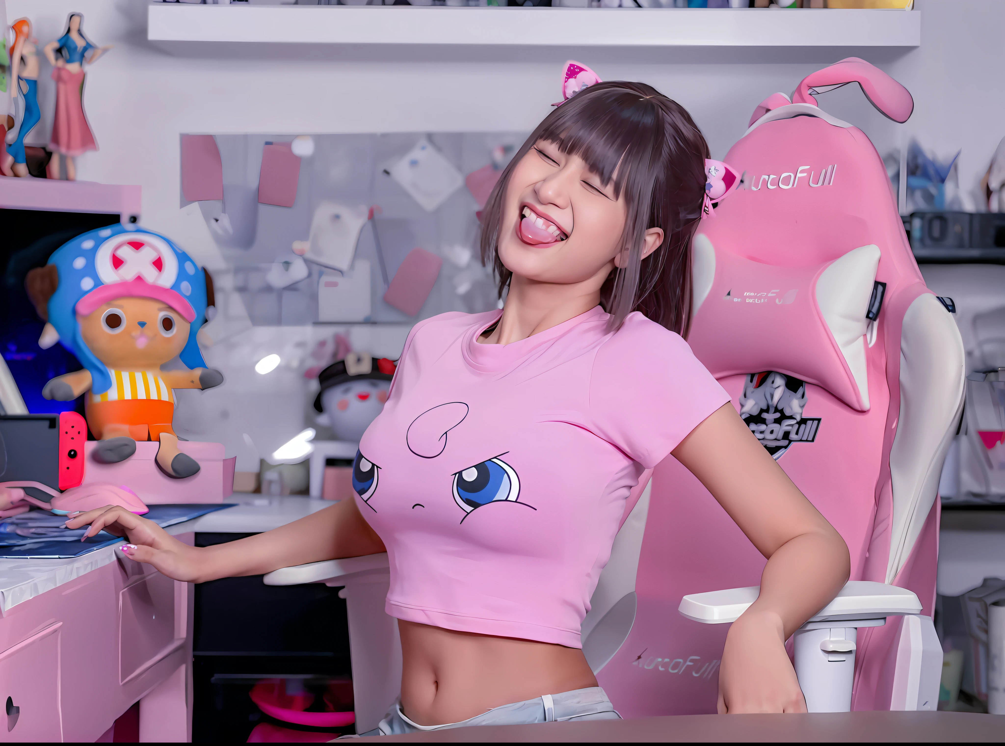 there is a woman sitting at a desk with a laptop, belle delphine, trending at cgstation, trending on cgstation, cutecore, very beautiful cute catgirl, attractive cat girl, d. va from overwatch, pokimane, kawaii shirt and jeans, e-girl, e - girl, anime thai girl, cute kawaii girl, beautiful young catgirl