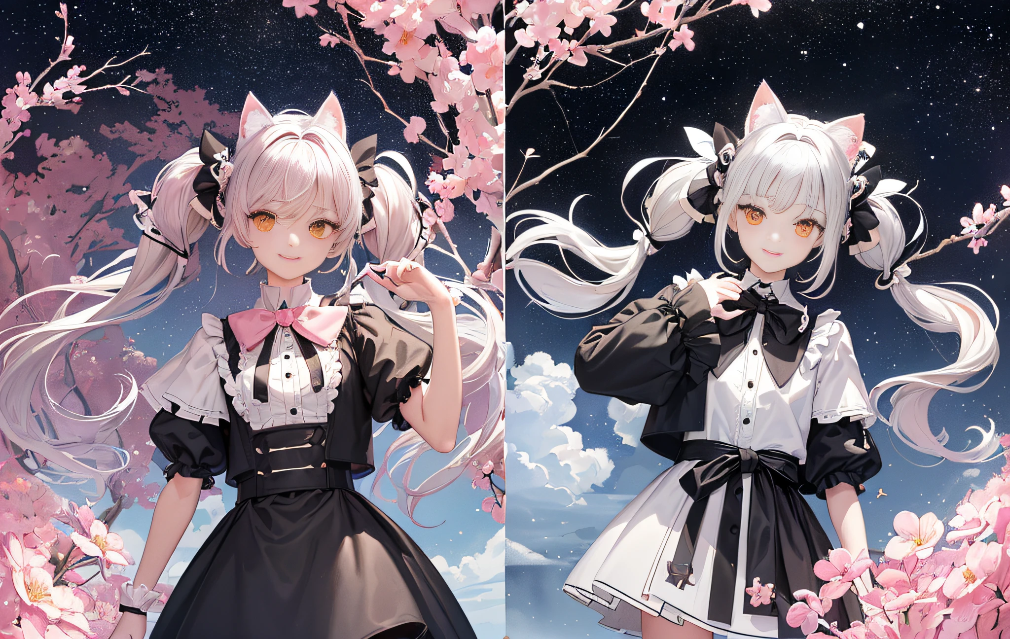 (Masterpiece, Top Quality, Best Quality, Watercolor (Medium), Official Art, Beauty and Aesthetics: 1.2), (1Girl: 1.3), (Fractal Art: 1.3), Upper Body, Looking at the Viewer, Pattern, (((Masterpiece, Extreme Quality)), (((1Girl)), ((Girly)), Silver White Curly Hair ((((Twintails)))), Orange Eyes, Pink Pick Dye, M Bangs, Flat Chest, Slim, Smile, Black and White JK Uniform, Pink Bow, silver-white cat ears, elegant standing: 1.2), water, liquid, clouds, colorful, starry, stars, inspired by Arknights of Tomorrow