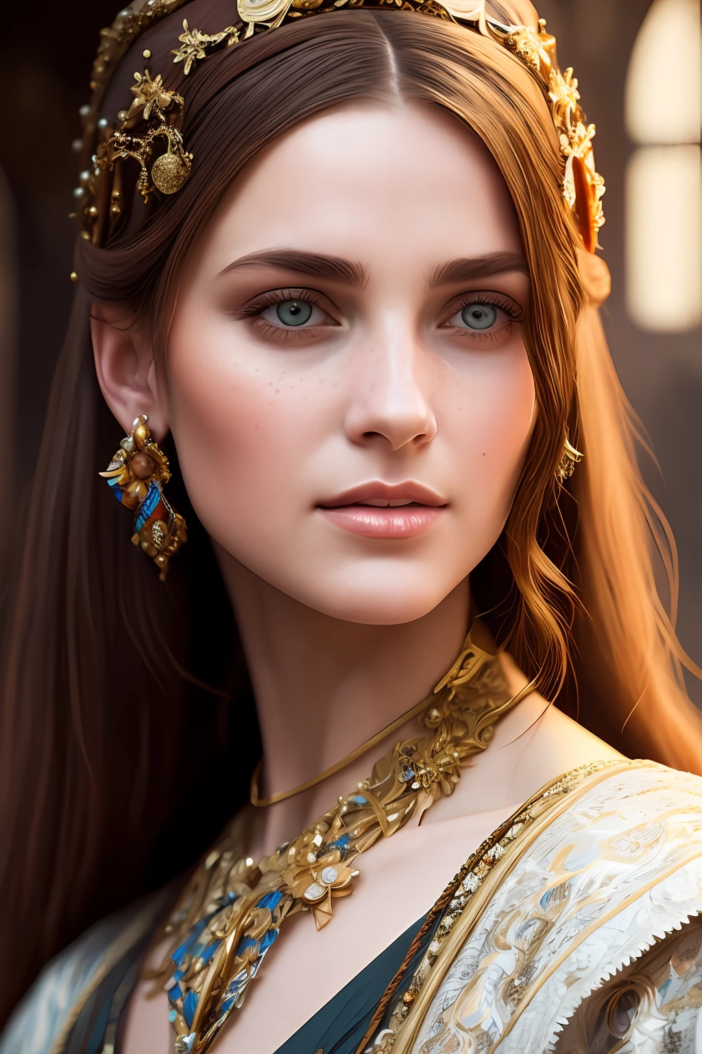 Portrait of a beautiful medieval woman In a village, beautiful colors, trend in artstation, sharp focus,studio photo, intricate details, highly detailed,by WLOP,