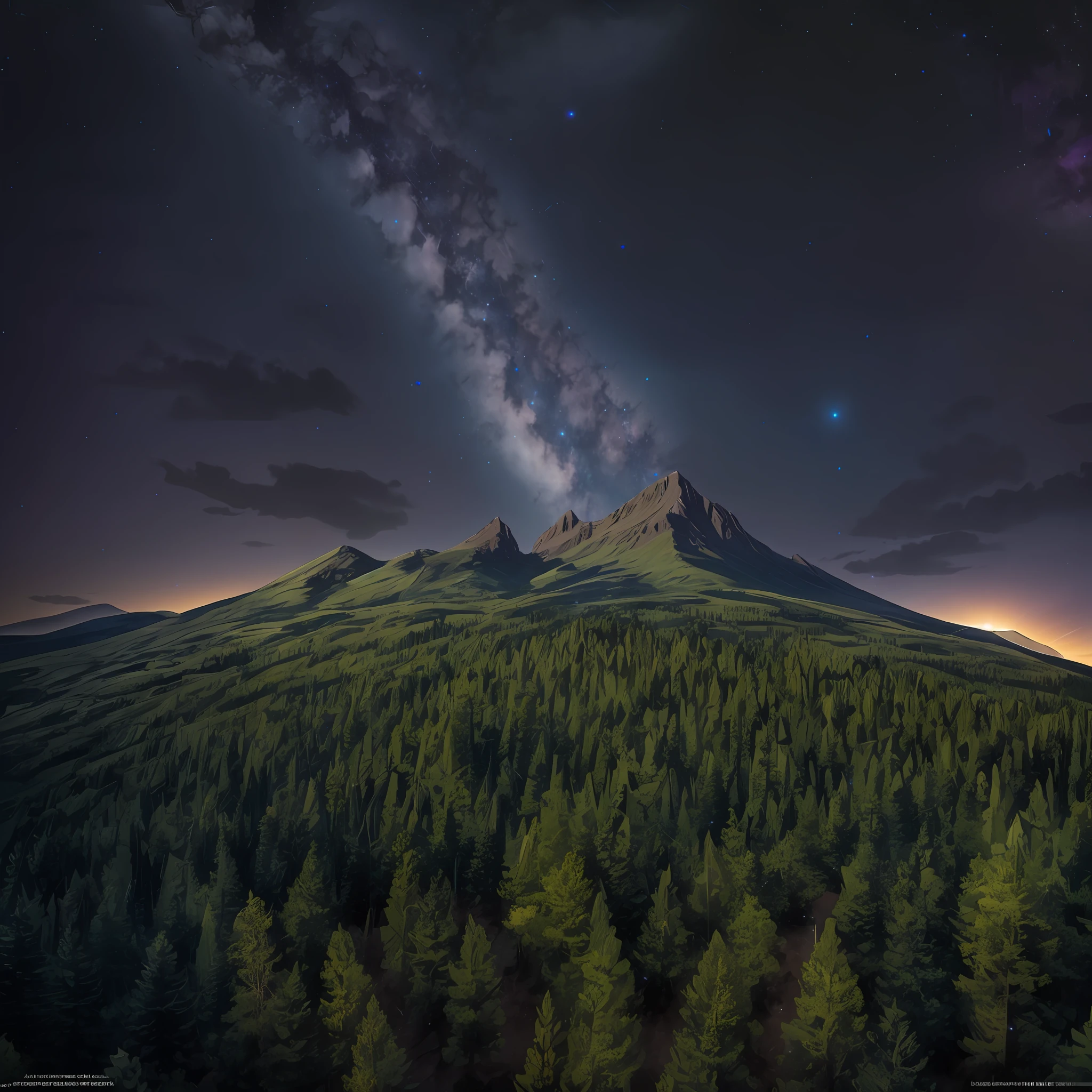 A hyper realistic image of a very high basalt mountain seen from above, a dense forest at ground level, starry sky prominently in the Milky Way --auto --s2