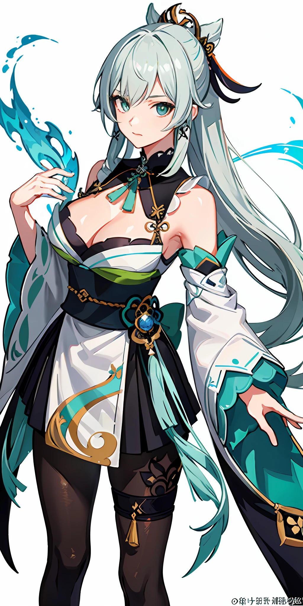 (top quality, masterpiece, white background, Genshin) gray hair, Japanese style costume, Genshin, blue-green eyes, older sister, one eye hidden in hair, expressionless, legal apparatus, huge, cleavage, tights, long bangs, shoulder out, kimono, blue-green jewelry