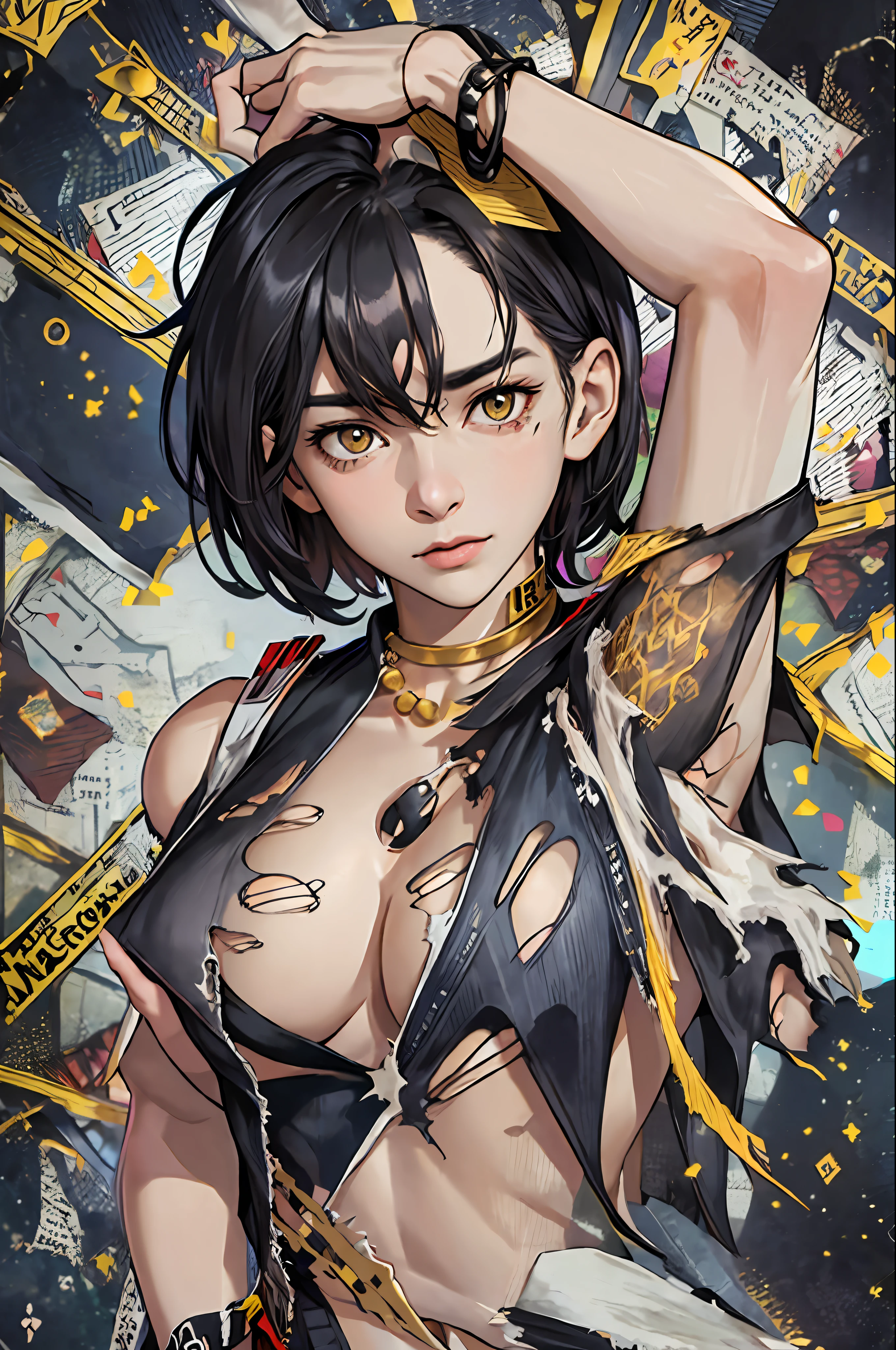 Noah Nozami, beautiful girl, (1 girl), with French black hair Bob, big light yellow eyes, digital art style, manga style, bikini, realistic, best quality, highres, solo, belt, pearl_necklace, bracelet, black gloves, short hair, black skirt, open vest, black vest, large breasts, (ruins:1.3), (torn clothes:2), sitting, full expression, raised arm, open leg -upscale --seed 1651212 --auto --s2