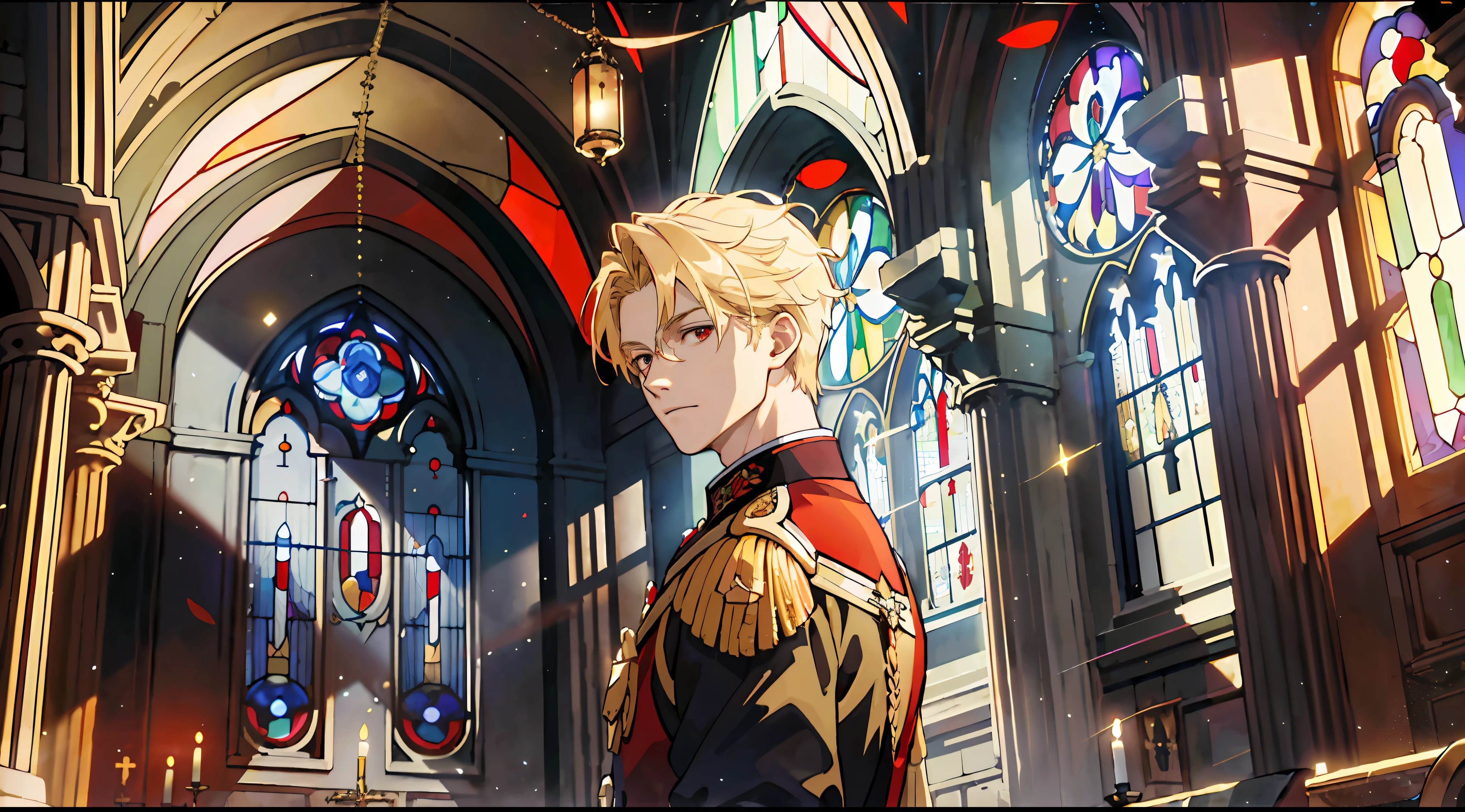 ((Masterpiece: 1.4, best quality)), (Very short blonde)), Red eyes, delicate hair, military uniform, (Church: 1.2), (Stained glass: 1.3), One young man, handsome, pillar, sky cover, (light particles), (moonlight shining through the window), dark atmosphere, from behind