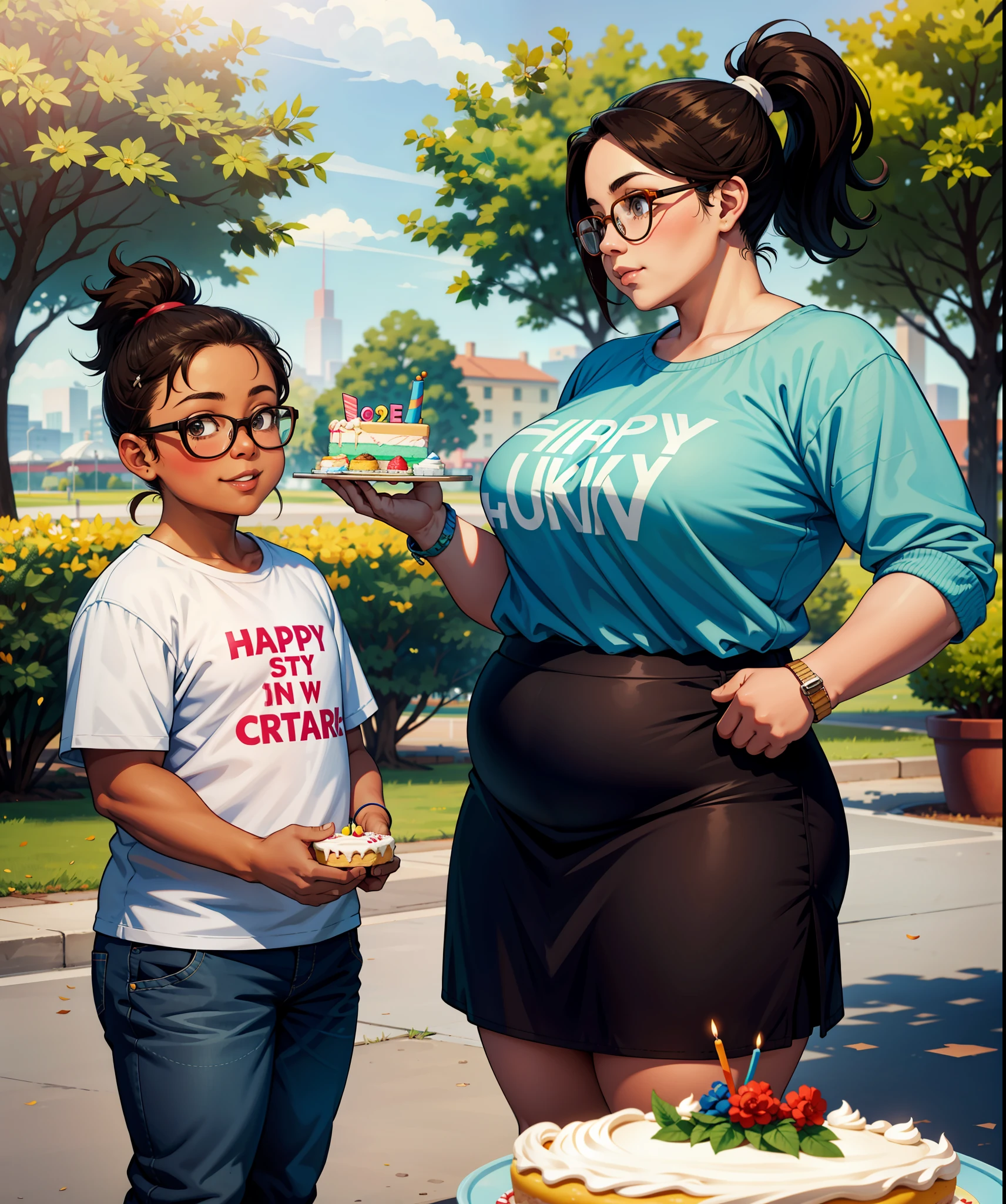 Chubby short girl with glasses, ponytail hair holding a birthday cake number, in a park with a brown boy next to