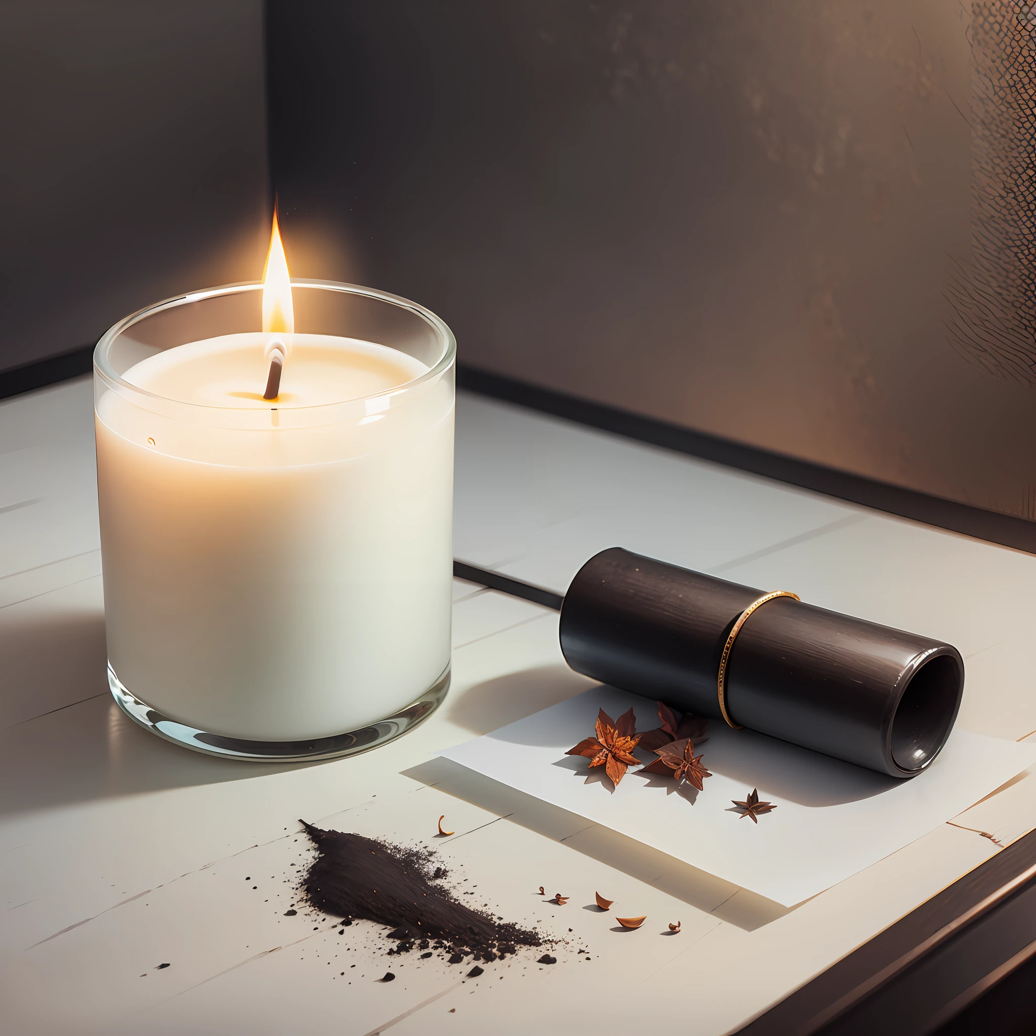 create a realistic image, with aromatic candle, on top of a minimalist table, white background --auto --s2