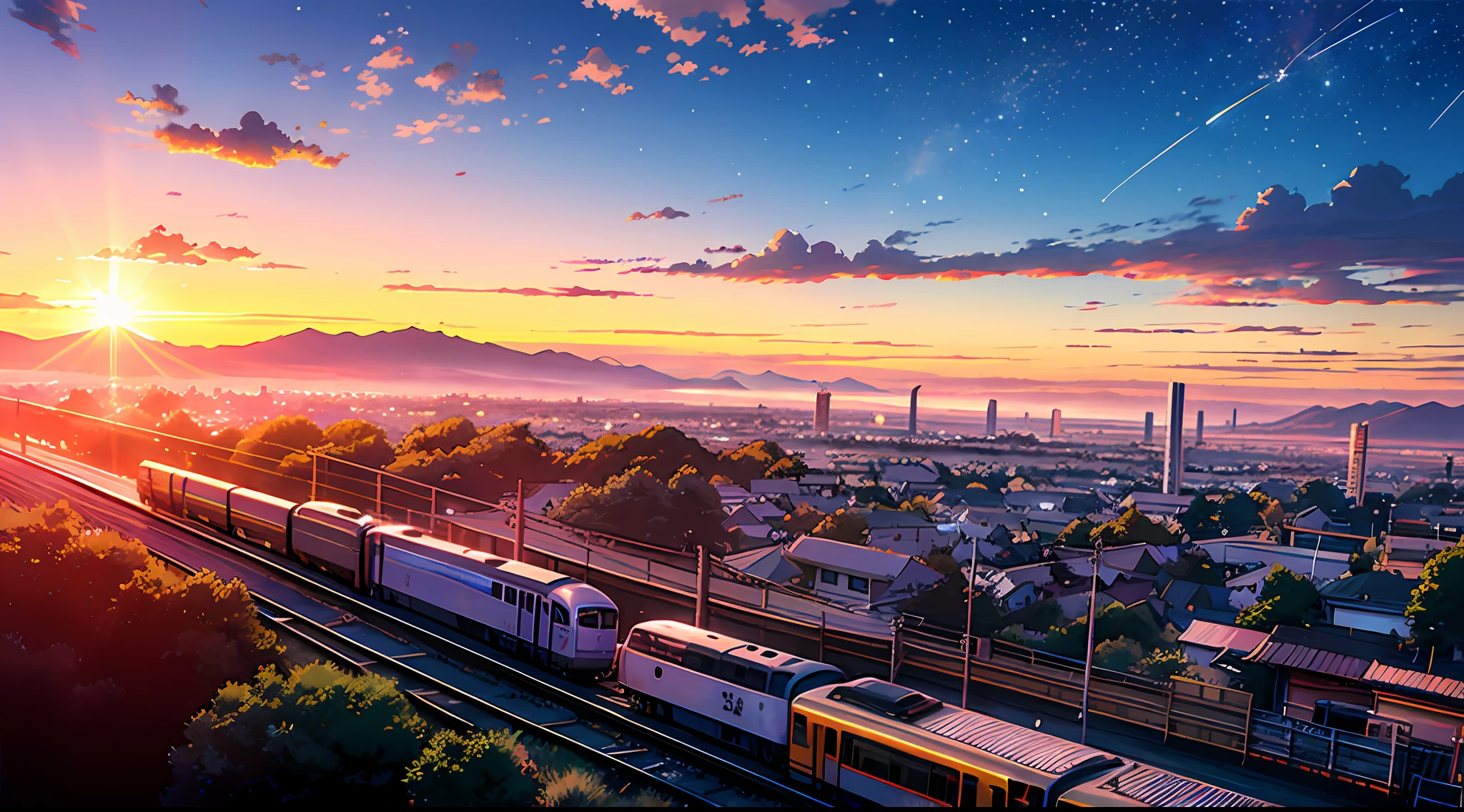 anime scenery of a sunset with a train passing by, beautiful anime scene, beautiful anime scenery, anime background art, anime sky, anime scenery, anime landscape wallpaper, amazing wallpaper, anime background, cosmic skies. by makoto shinkai, detailed scenery —width 672, scenery artwork, anime landscape, anime beautiful peace scene, watching the sun set. anime