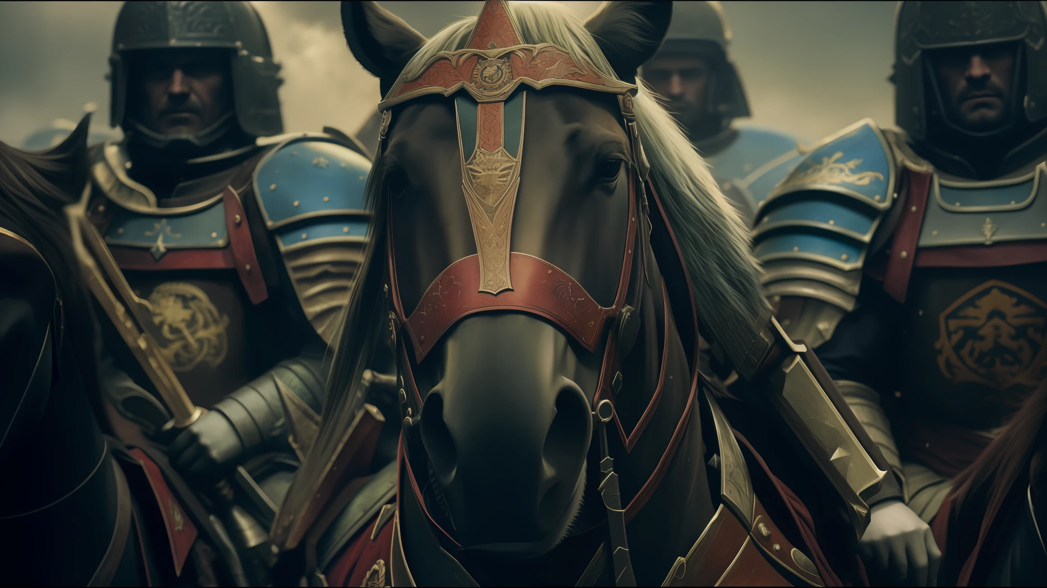 a close up of a group of knights riding on horses, cinematic red lighting, best of behance, unsplash 4k, tactical squads :9, anamorphic flares, of a old 13th century, animation key shot, by Daryush Shokof, dramatic lighting. stylized, military art, (art station), still from a music video, wh 4 0 k art