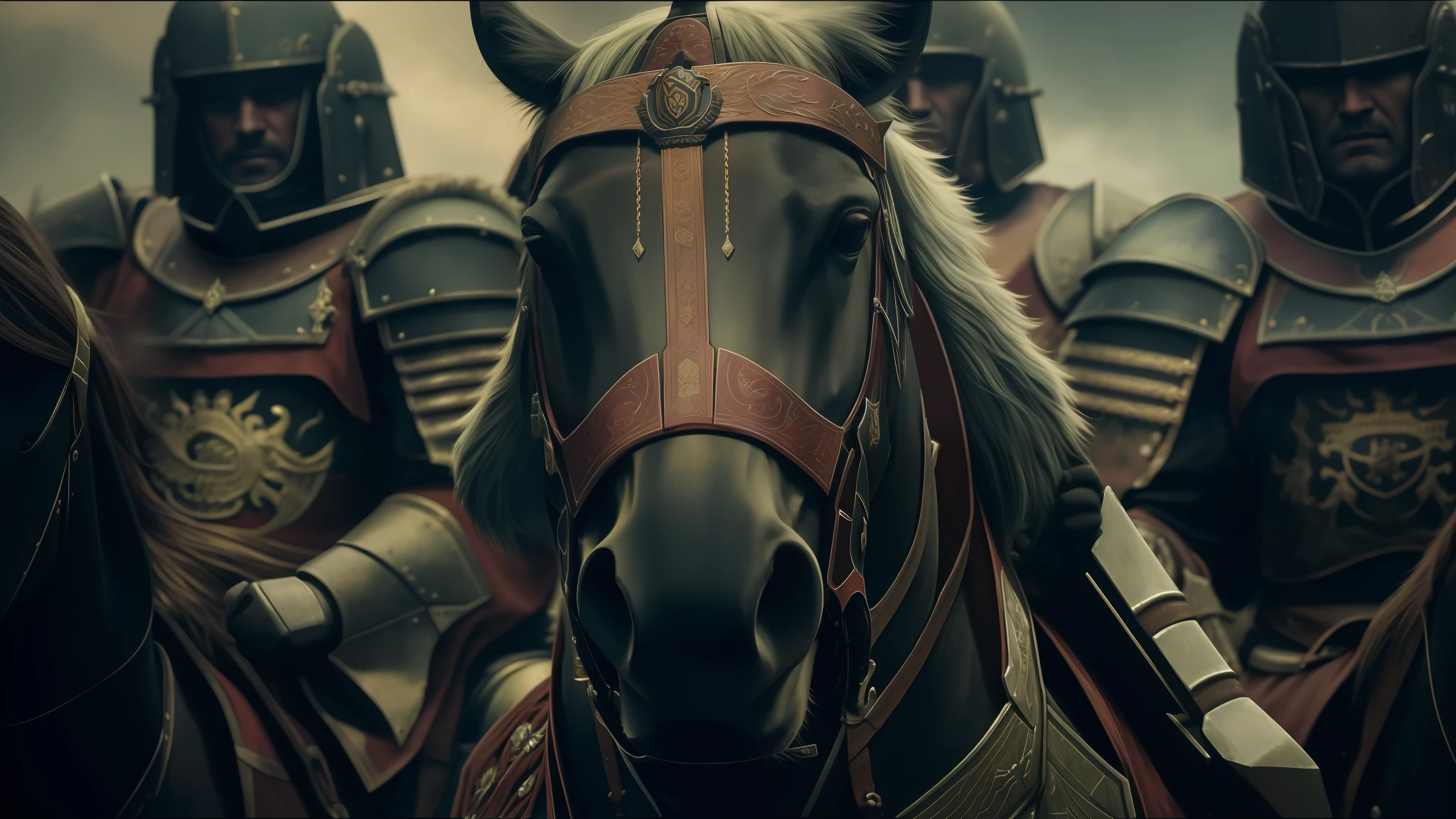 a close up of a group of knights riding on horses, cinematic red lighting, best of behance, unsplash 4k, tactical squads :9, anamorphic flares, of a old 13th century, animation key shot, by Daryush Shokof, dramatic lighting. stylized, military art, (art station), still from a music video, wh 4 0 k art