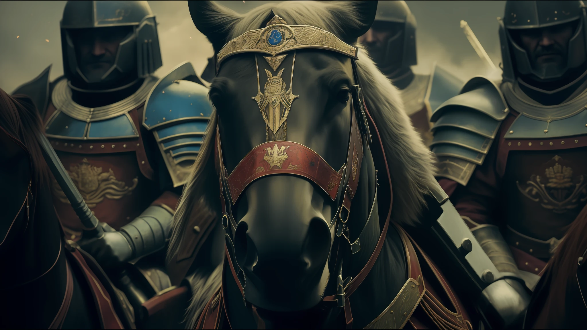 a close up of a group of knights riding on horses, cinematic red lighting, best of behance, unsplash 4k, tactical squads :9, anamorphic flares, of a old 13th century, animation key shot, by Daryush Shokof, dramatic lighting. stylized, military art, (art station), still from a music video, wh 4 0 k art