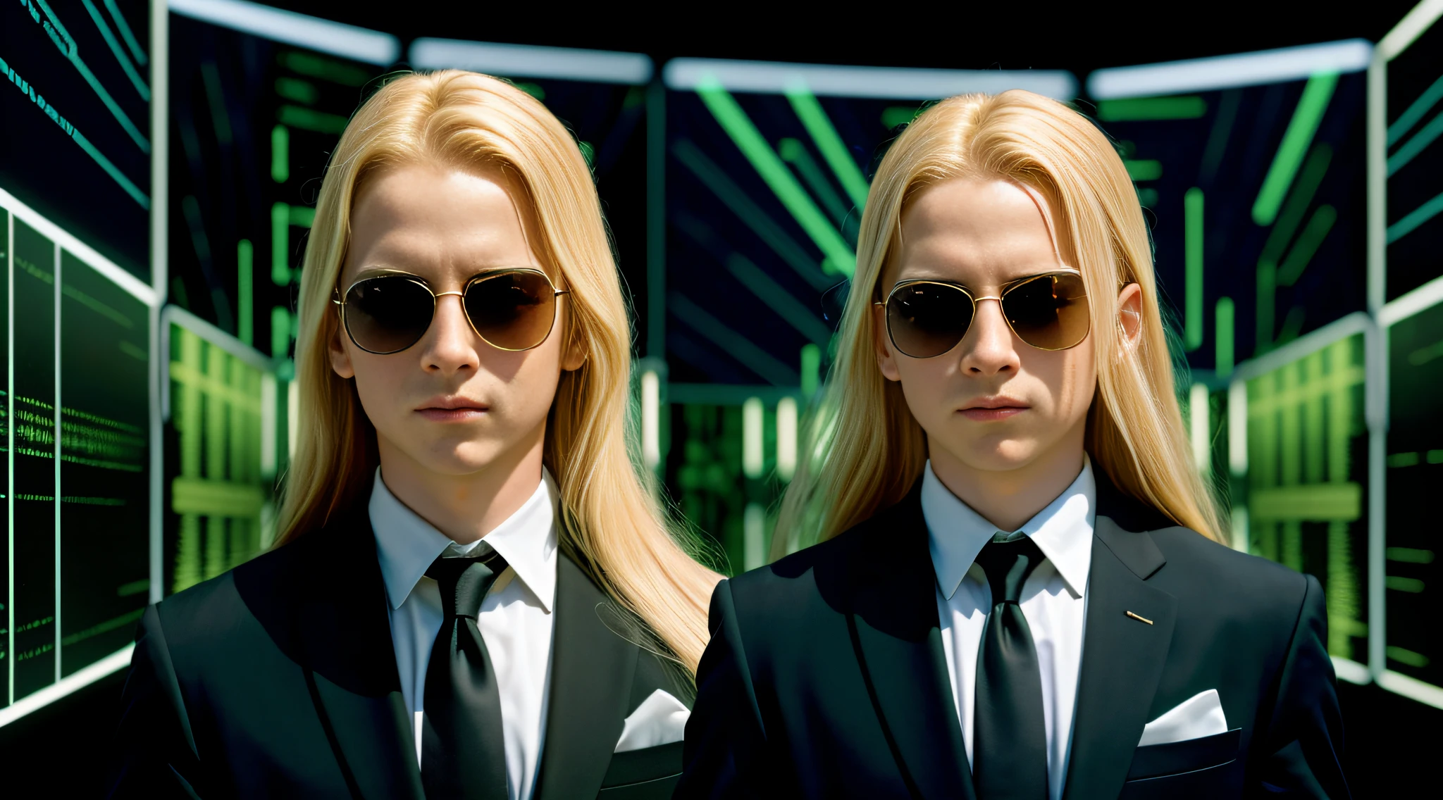 A closeup of a toddler boy with long blonde hair, in a suit and sunglasses in front of a wall of televisions, in the new Matrix movie, Matrix Movie Color grading.