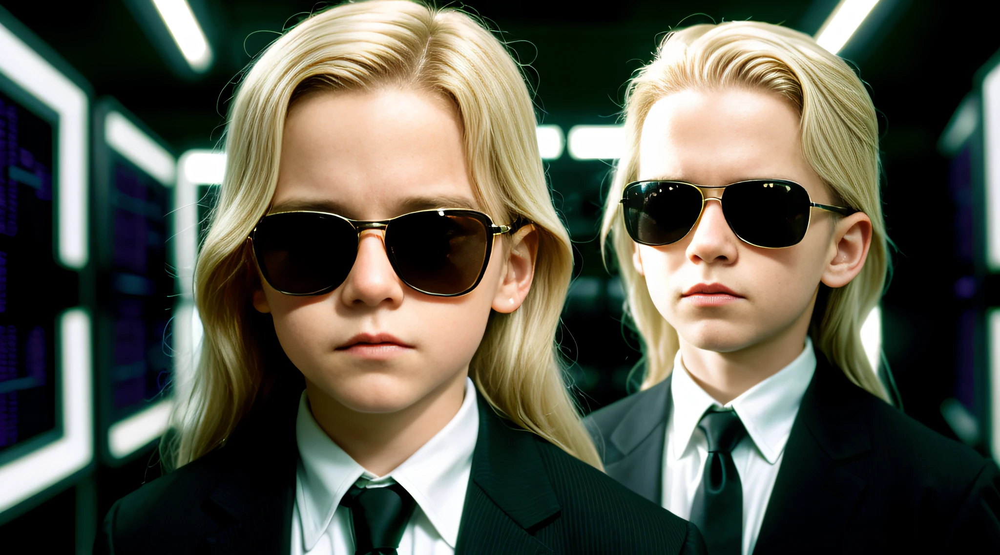 A closeup of a  boy with long blonde hair, in a suit and sunglasses in front of a wall of televisions, in the new Matrix movie, Matrix Movie Color grading.