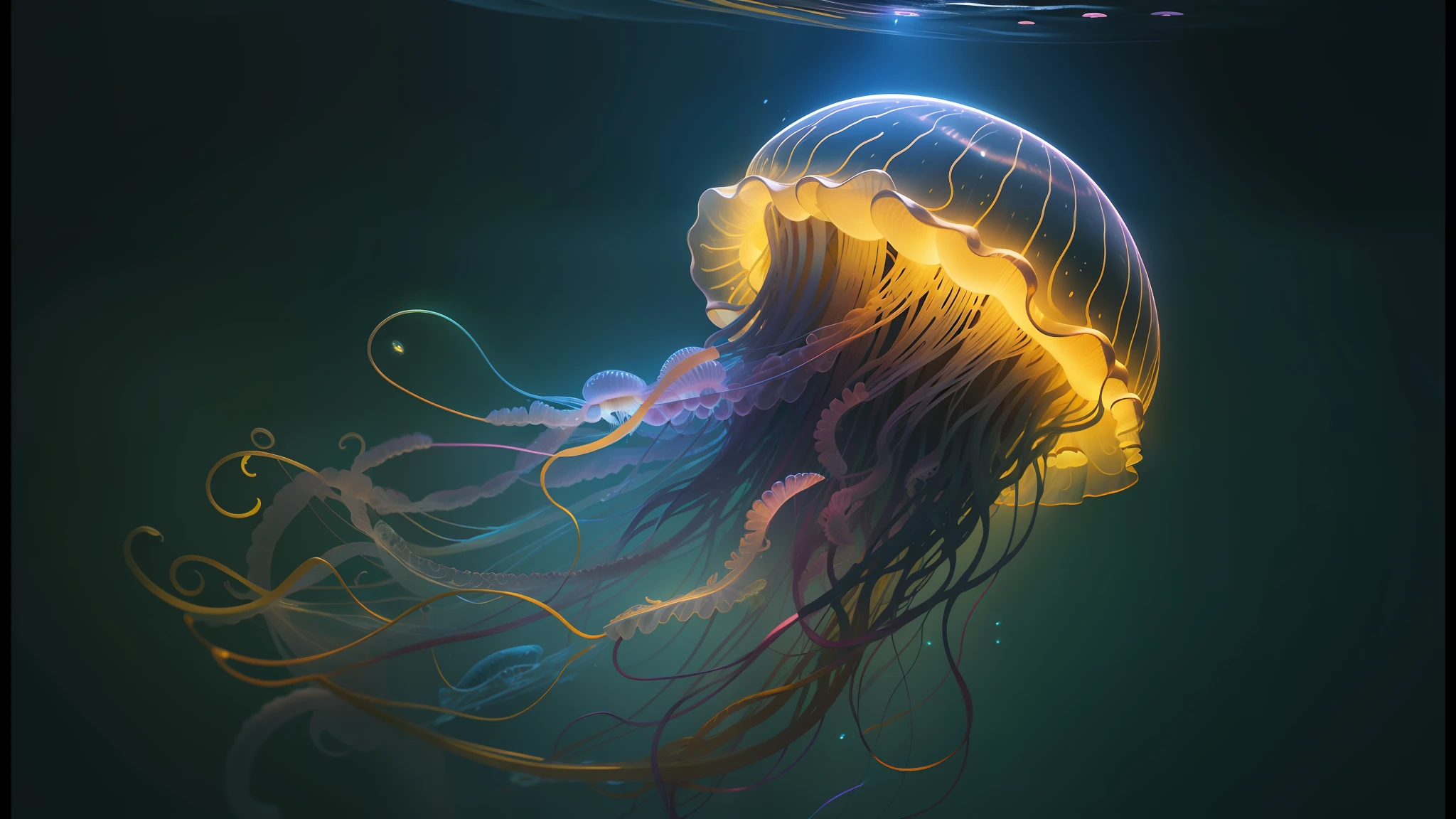 jellyfish with a yellow and white head floating in the water, bioluminiscent creatures, glowing jellyfish, bioluminescent jellyfish, jelly fish dancing, bioluminiscent, bioluminiscent creature, bioluminescence, phoenix jellyfish, jellyfish phoenix, neon jellyfish, translucent glowing jellyfish, neon color bioluminescence, jellyfish, jelly fishes