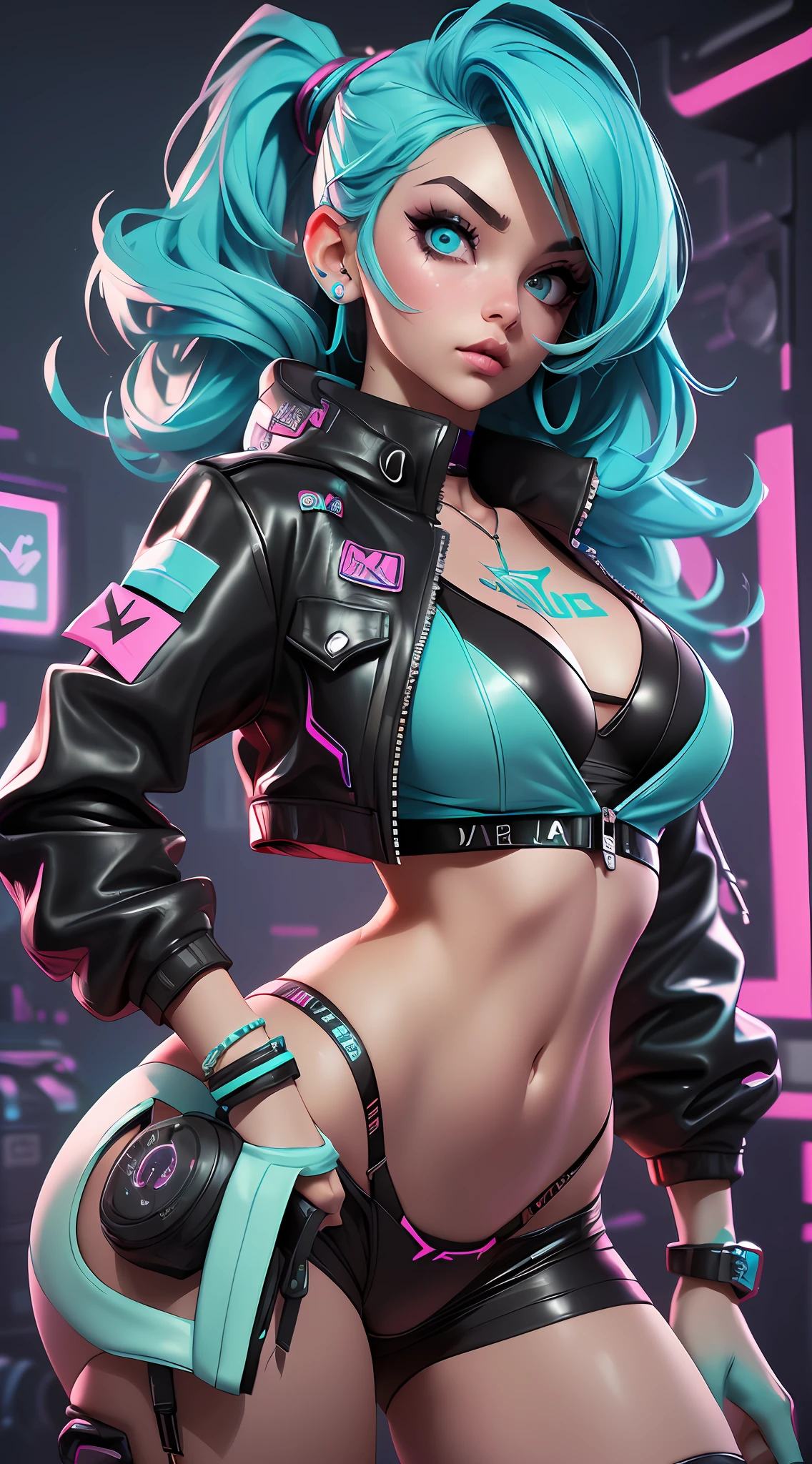 ((Best Quality)), ((Masterpiece)), ((Realistic)) and ultra-detailed photography of a 1nerdy girl with goth and neon colors. She has ((turquoise hair)), wears a (tech-wear open jacket) and a (black thong bikini small) , ((beautiful and aesthetic)), sexy, under-boobs,
