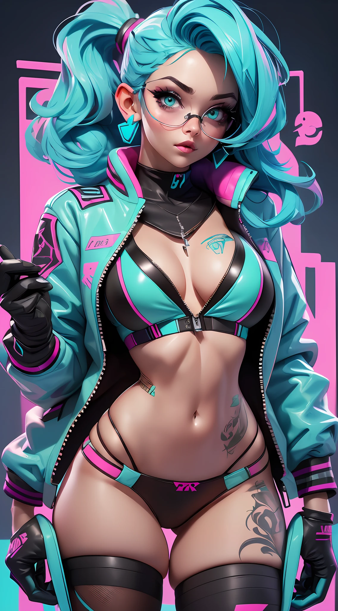 ((Best Quality)), ((Masterpiece)), ((Realistic)) and ultra-detailed photography of a 1nerdy girl with goth and neon colors. She has ((turquoise hair)), wears a (tech-wear open jacket) and a (black thong bikini small) , ((beautiful and aesthetic)), sexy, under-boobs,