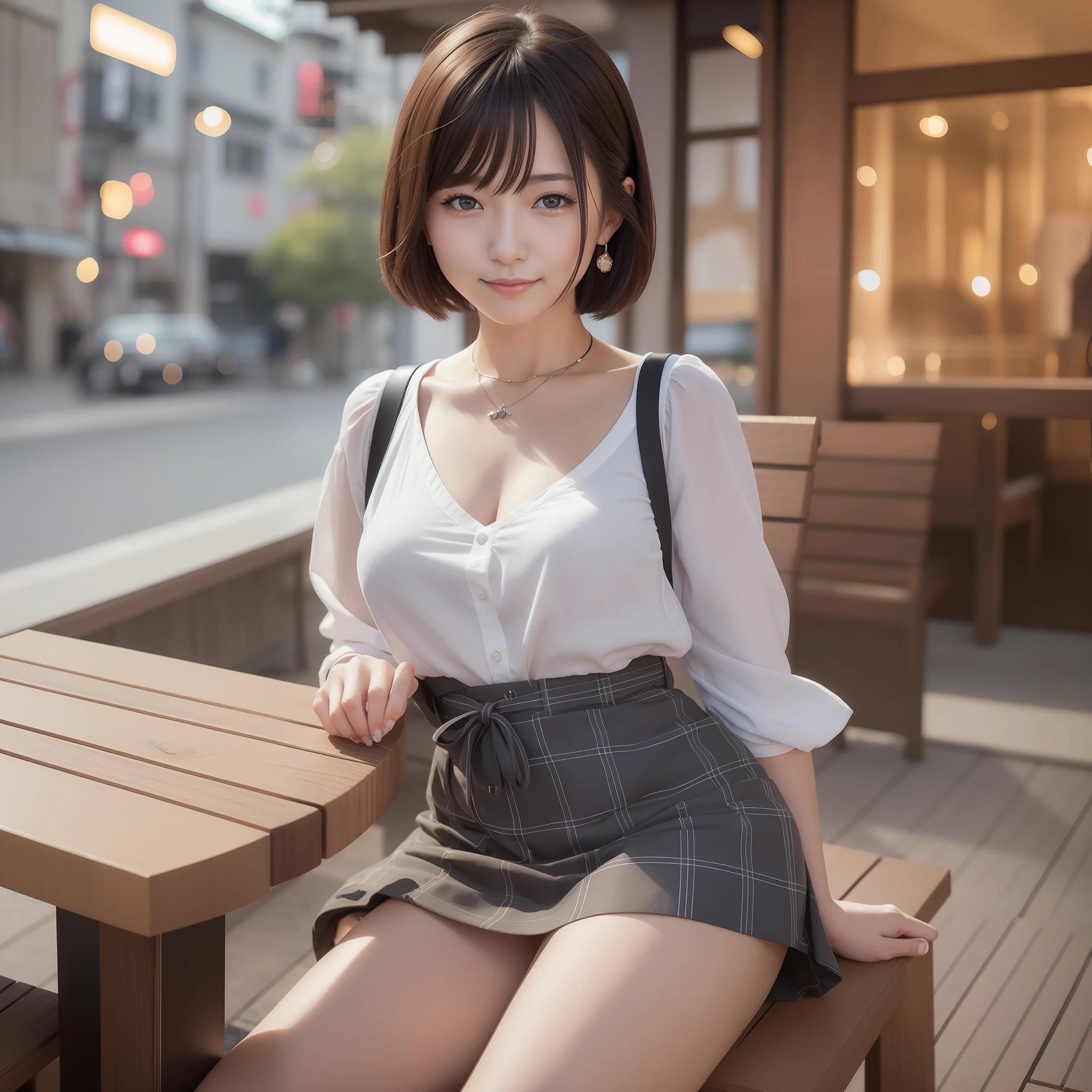 Japan person, photorealistic, 4K, high resolution, perfect lighting, gorgeous, masterpiece, realistic, close-up portrait, 1 girl, pierced eye, mini skirt, middle breast, short hair, looking at viewer, smiling, outdoors, in a café, sitting