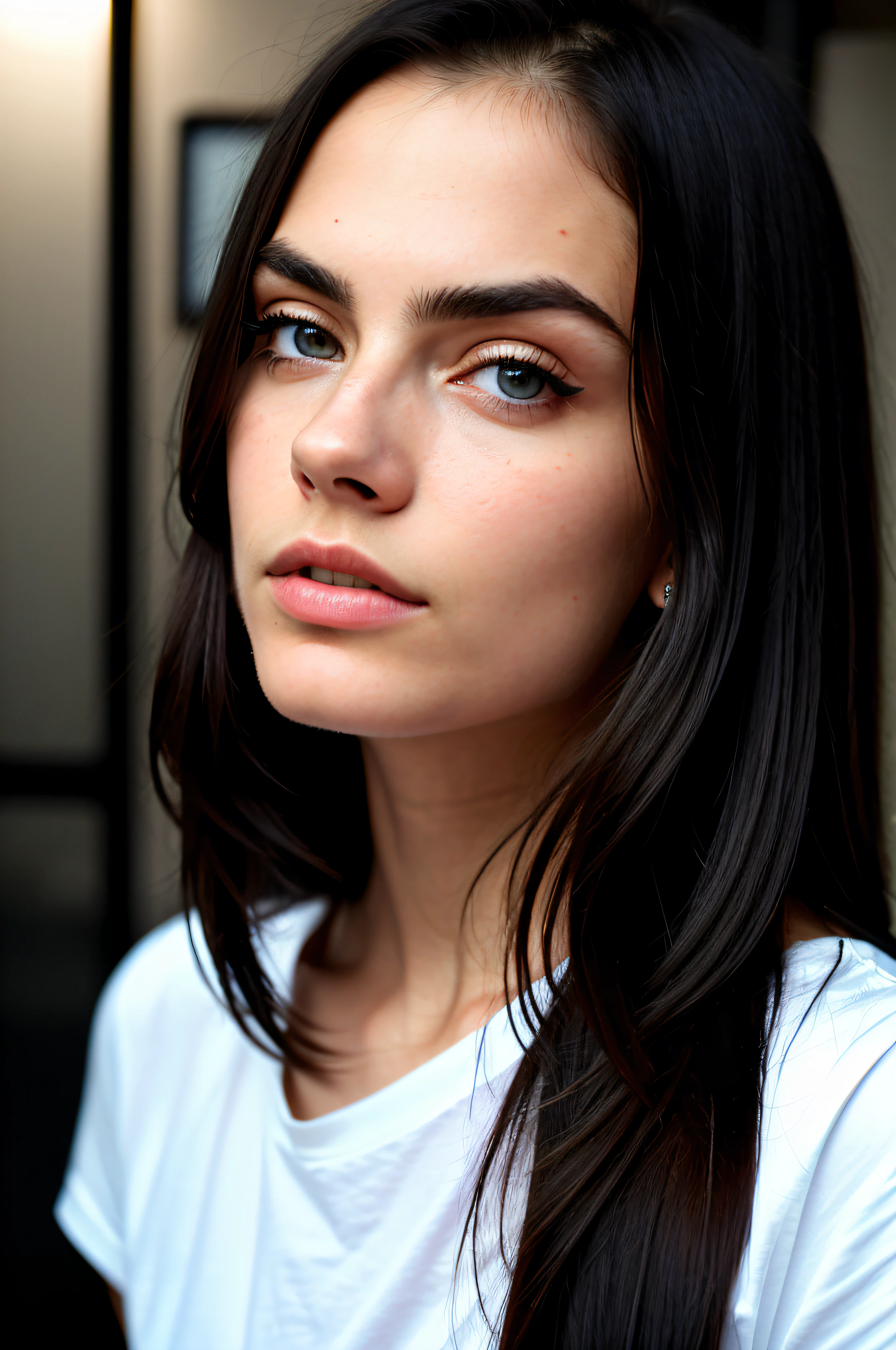 beautiful woman, long straight black hair, wearing a white t-shirt without print, wearing leather belt, front view (sitting inside a modern restaurant at night), Cara Delevingne, very detailed, 30 years, natural wave hair, blue eyes, high-res, masterpiece, best quality, intricate details, highly detailed, sharp focus, detailed skin, realistic skin texture, texture, detailed eyes, professional, 4k, Canon shooting, 85mm, shallow depth of field, kodak color vision, perfect fit body, extremely detailed, photo_\(ultra\), photorealistic, realistic, post-processing, maximum detail, roughness, real life, ultra realistic, photorealism, photography, 8k uhd, photography (grain of film) medium shot for closeup shot atmospheric dark lighting