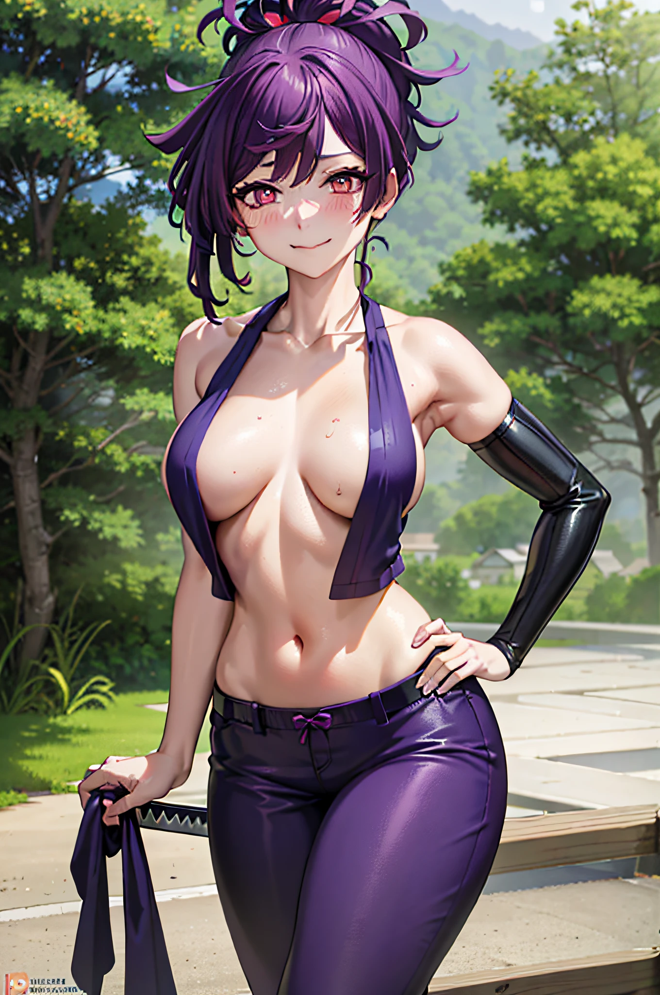 best quality, masterpiece, (leaning: 1.4), 
1girl, yuzuriha_(jigokuraku), purple hair, brown eyes, ninja, open clothes, neckline, large breasts, topknot, medium hair, breasts apart, seductive smile, pants, undress, (blush: 1.1), Japanese exterior, temple, Hentai, Sample breasts