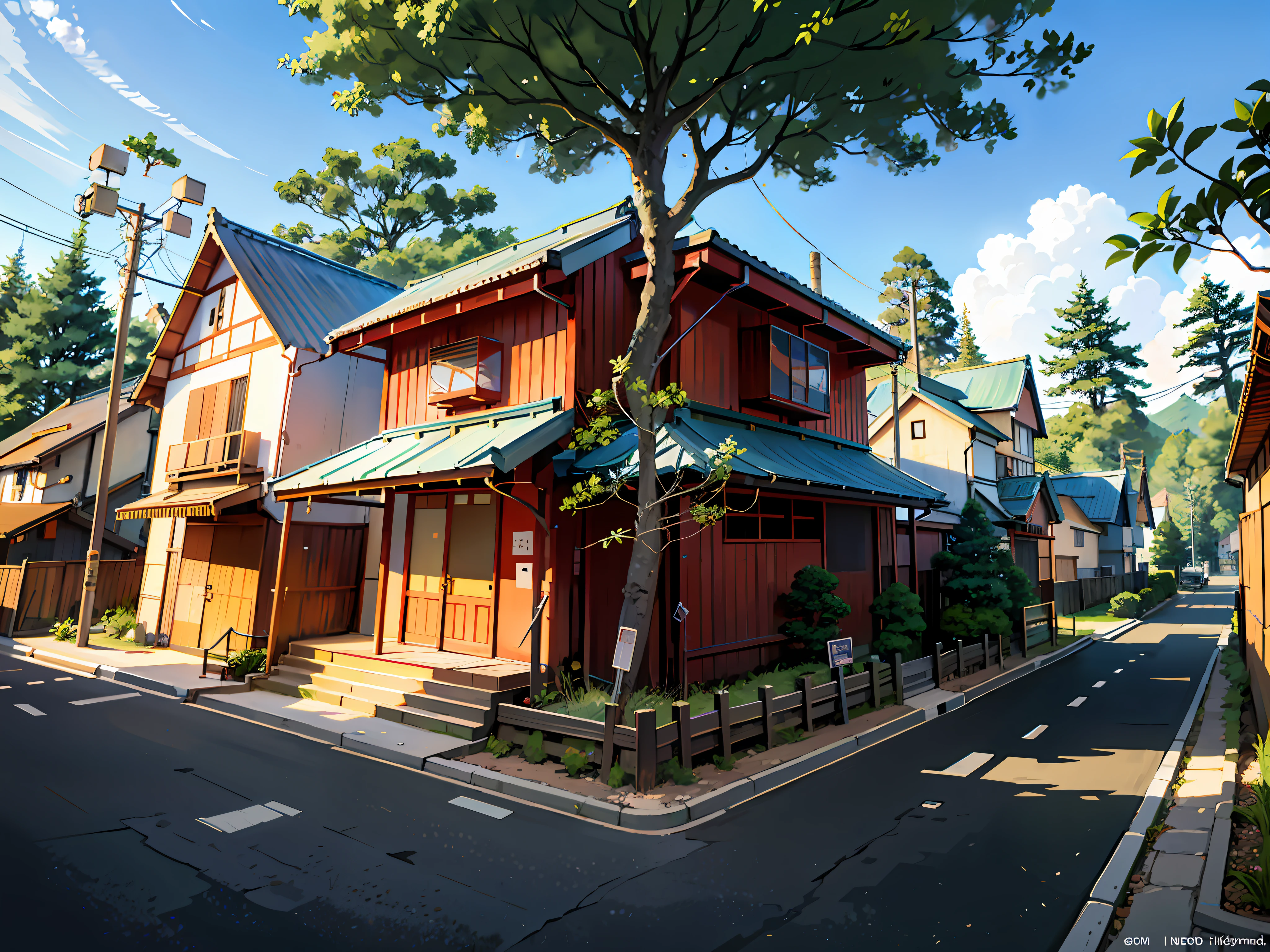 (Japanese town Landscape), (Hayao Miyazaki Style), cartoon, japanese townhouse, (rarely house), road, bend, small house, tree, pole, white cloud, calm landscape, outdoor, green trees, epic composition, realistic lighting, high-definition detail, masterpiece, the best quality, (very detailed CG unified 8k wallpaper), --v6