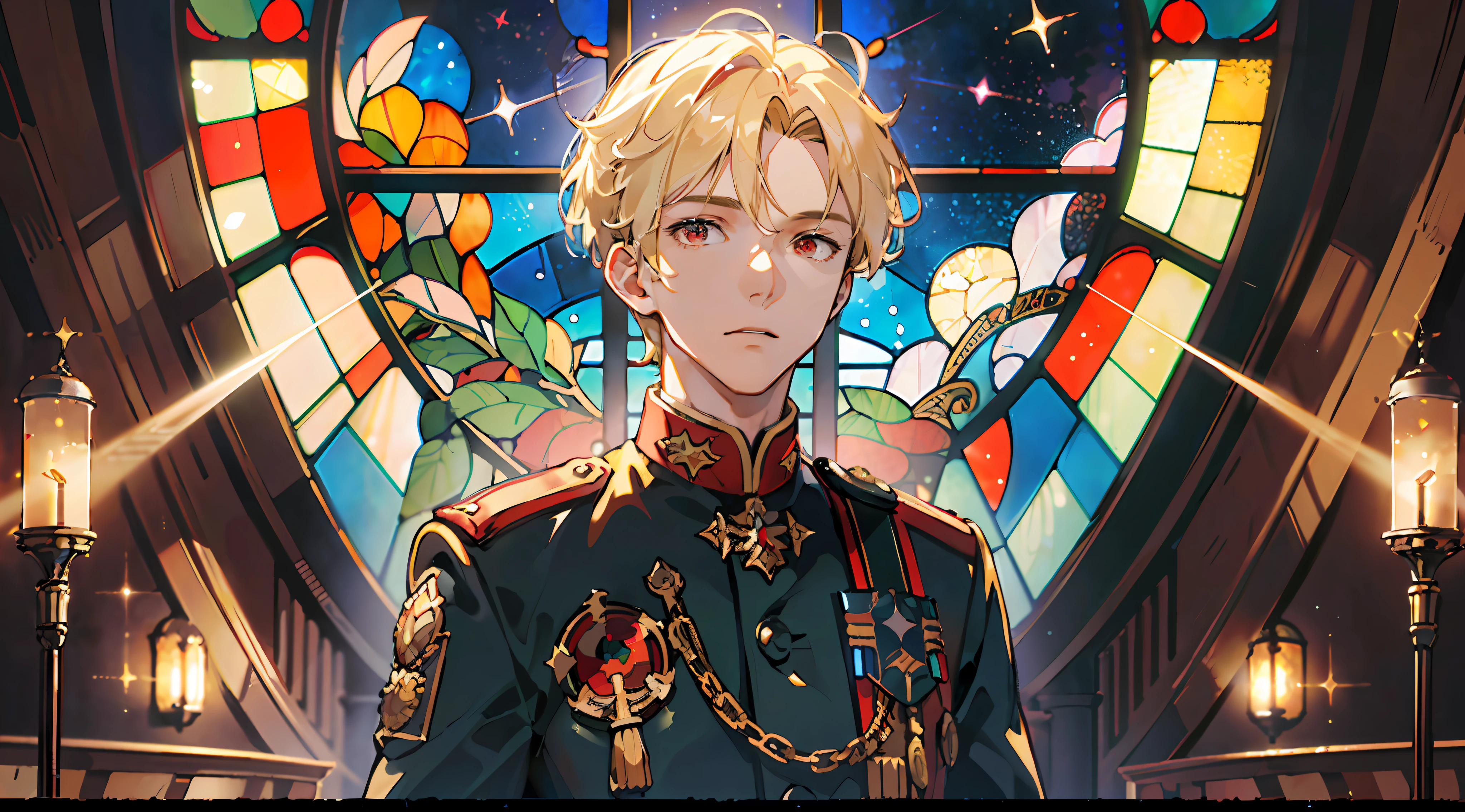 ((Masterpiece: 1.4, best quality)), ((Very short blonde)), Red eyes, military uniform, (Church: 1.2), (Stained glass: 1.3), One young man, handsome, pillar, sky cover, (light particles), (moonlight shining through the window), dark atmosphere, from behind