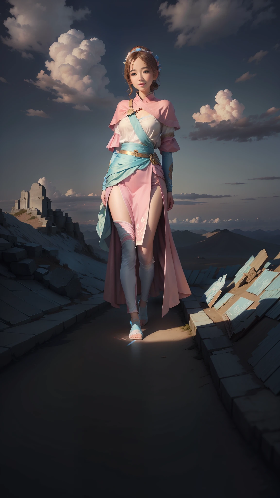 Light pink and light sky blue style, (masterpiece), (best image quality: 1.5), super high resolution, original photo, detailed skin, beautiful lighting, detailed face, light smile, (realistic, realistic: 1.4), 1girl, Dunhuang, full body, blue sky, white clouds, (dunhuang_cloths:0.6)