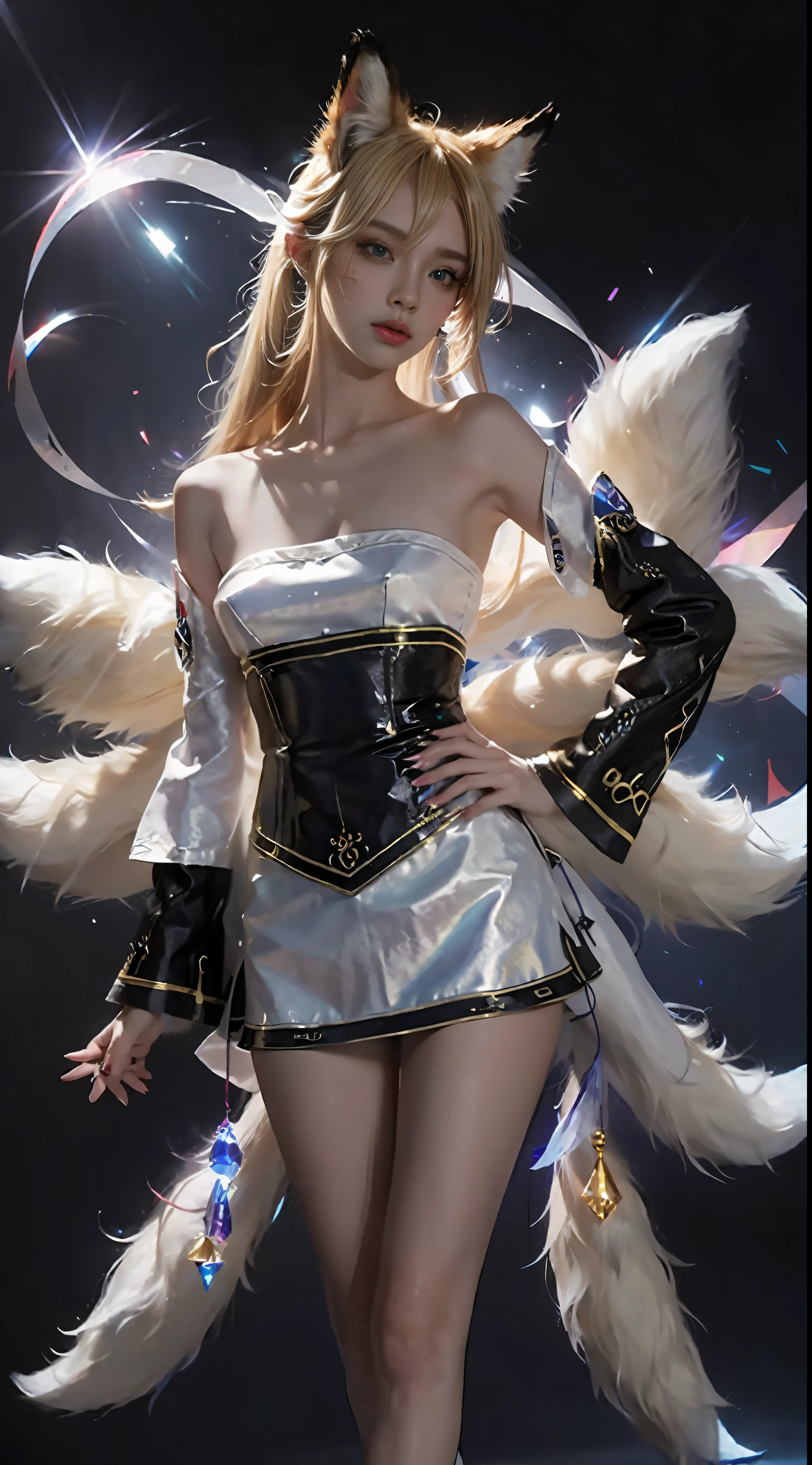 Super Resolution, (Realism: 1.3), 1 (Slim: 1.2) Girl, Solo, Looking at the Audience, League of Legends, Fox, KDA Fox, Blonde Hair, Fox Ears, Fox Tail, Blue Short Skirt, White Skirt, Laser Sense, Super Perfect Face, Perfect Eyes, Good Looking Face, Crystal Tail, Lots of Tails, Perfect Eyes