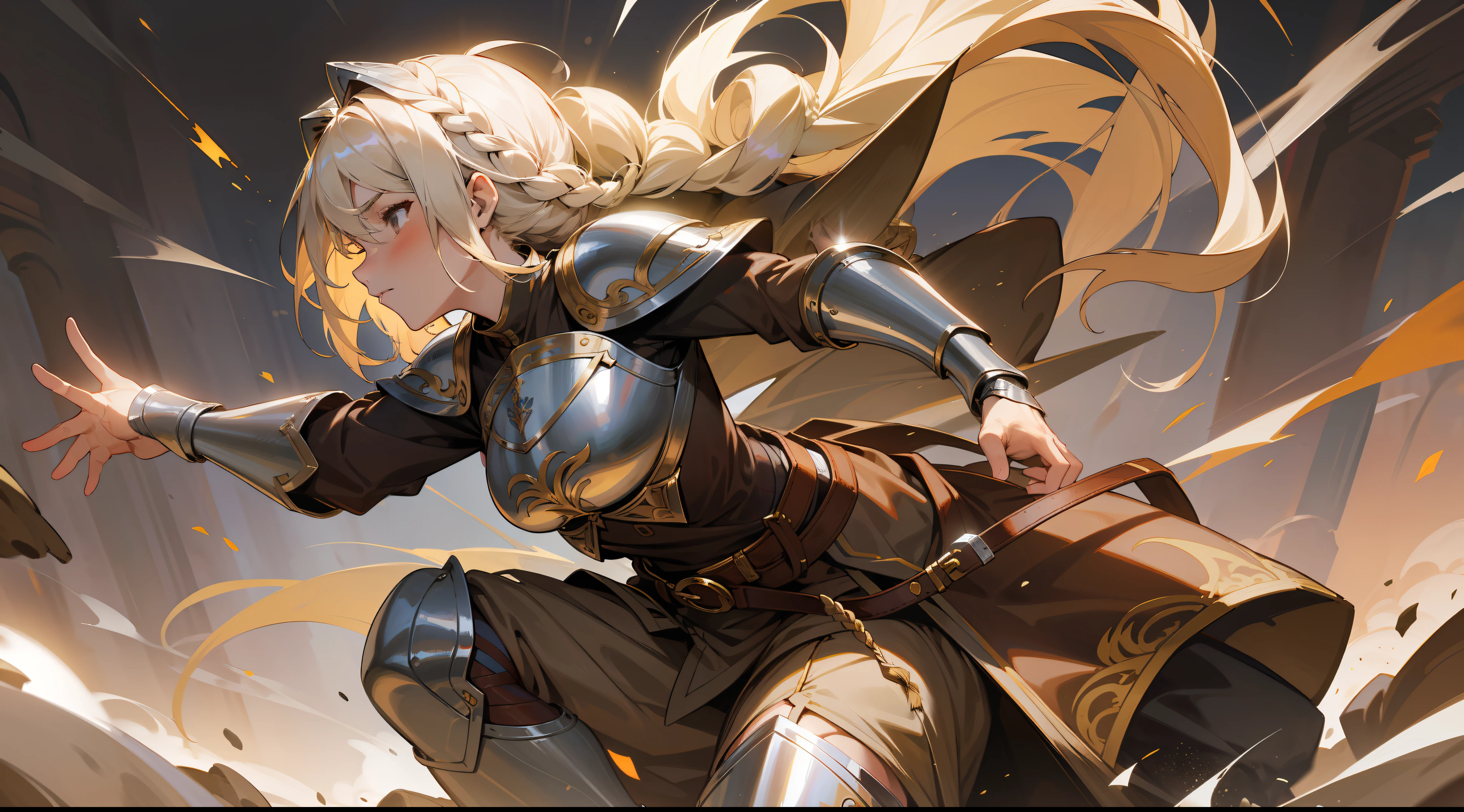 masterpiece, best quality, mature woman, warrior, long light blonde braided hair, brown clothing, silver breastplate, silver shin guard, belt, skirt, costume, medieval, in a battle arena, dynamic pose, beautiful detailed glow.