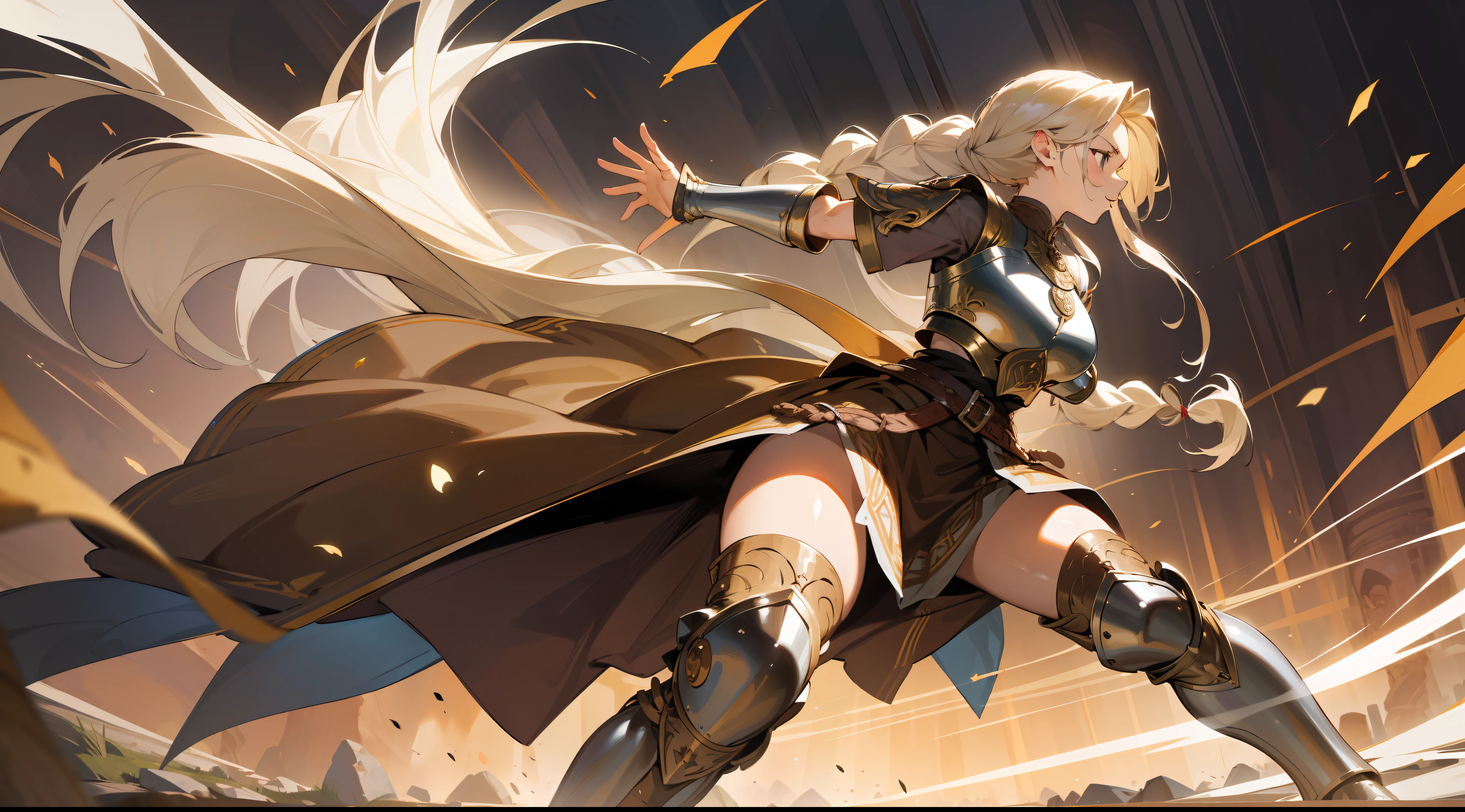 masterpiece, best quality, mature woman, warrior, long light blonde braided hair, brown clothing, silver breastplate, silver shin guard, belt, skirt, costume, medieval, in a battle arena, dynamic pose, beautiful detailed glow.