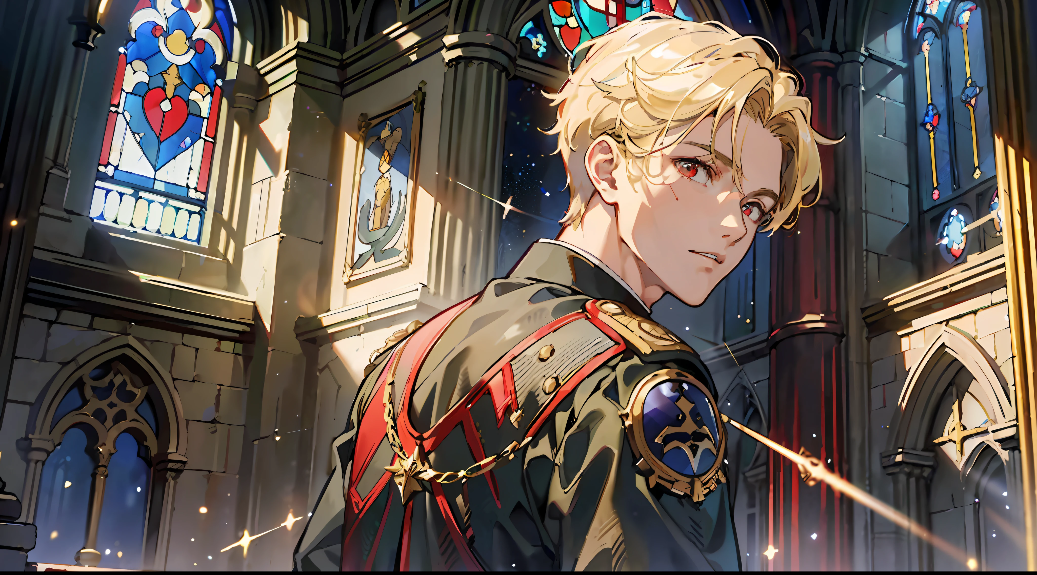 ((Masterpiece: 1.4, best quality)), ((Very short blonde)), Red eyes, military uniform, (Church: 1.2), (Stained glass: 1.3), One young man, handsome, pillar, sky cover, (light particles), (moonlight shining through the window), dark atmosphere, from behind