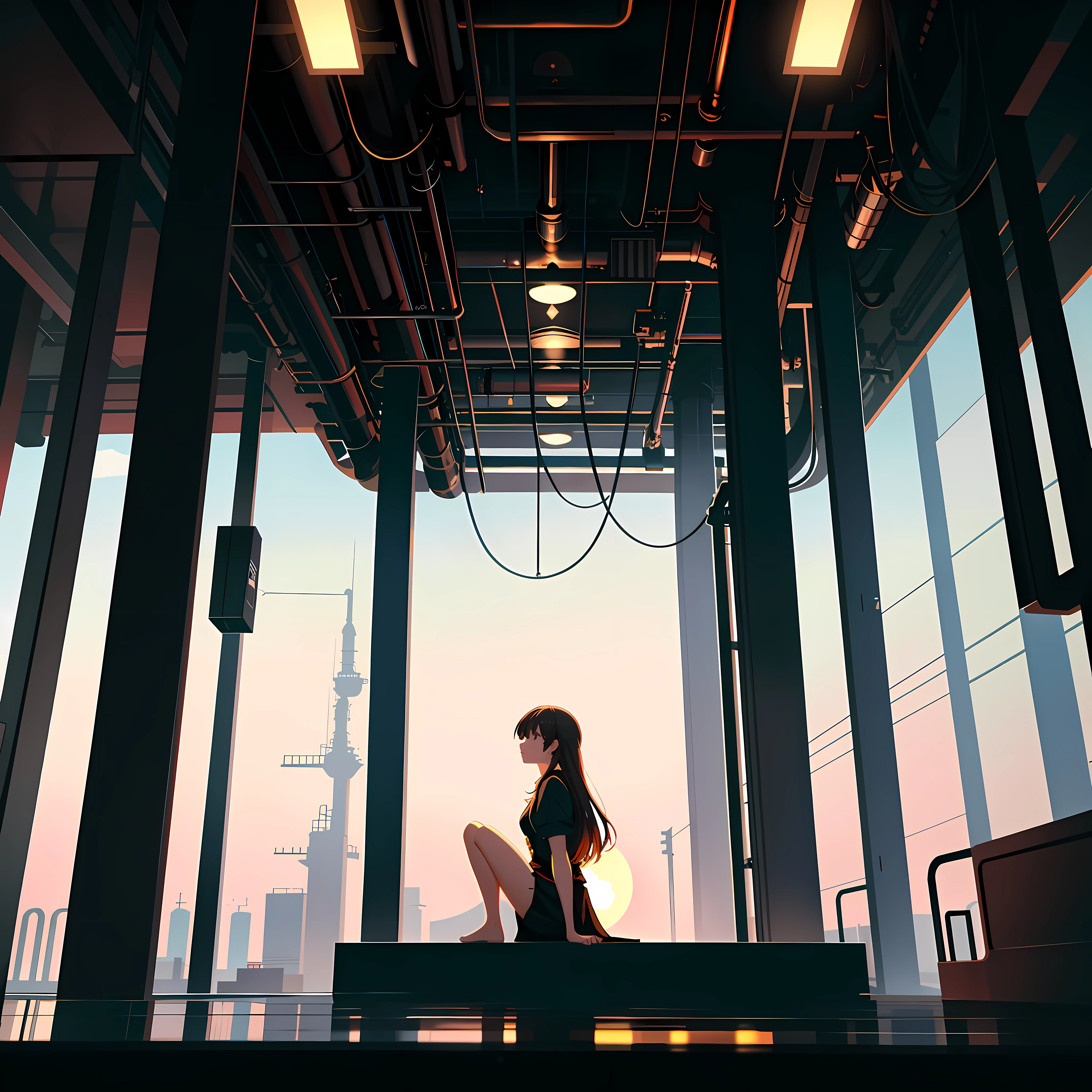 masterpiece, best quality, high quality, movie lighting, beautifully aesthetic, ultra detailed, amazing composition, floating, depth of the picture, (highly detailed cg, unity 8k wallpaper), (beautifully detailed background), beautiful hair details, one girl, (machine body: 1.5), cute, the industrial pipes in a futuristic city are very tall and tall pipes, 1girl, watercraft, ship, scenery, solo, sitting, decadent marine city:1.4,