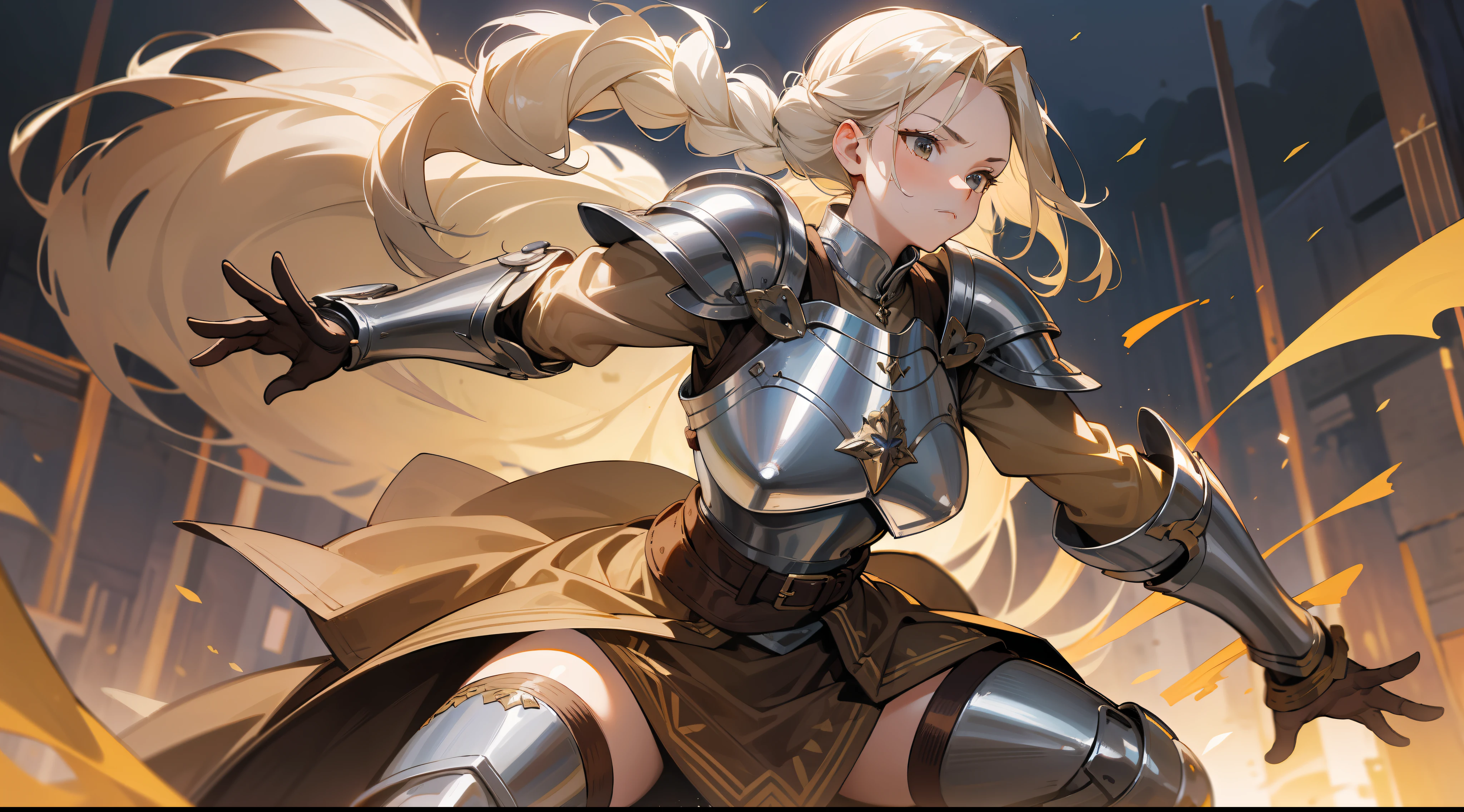 Masterpiece, best quality, a mature woman, warrior, long light blonde braided hair, brown clothing, simple silver breastplate, simple silver shin guard, belt, skirt, costume, medieval, in a battle arena, night, dynamic pose, beautiful detailed shine.
