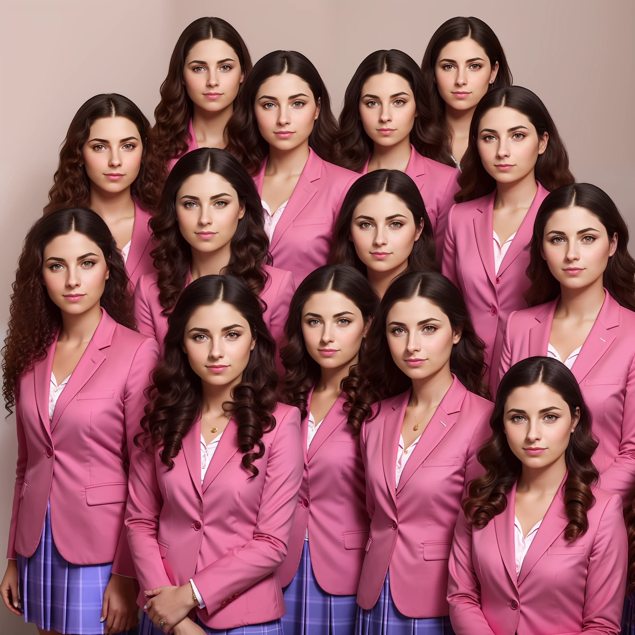 stunning identical sextuplets standing close together, in a room, 25 years old, full body, identical bodies, pale skin, athletic body, identical height, wearing pink skirt suits, wearing pink blazers, wearing pink pencil skirts, same faces, same hairstyle, long curly hair, same colour hair, light brown hair, five fingers on each hand, smiling, color, realistic, sharp focus on eyes, sharp focus on nose, 8 k, high definition, insanely detailed, elegant, ultra realistic, photorealism,