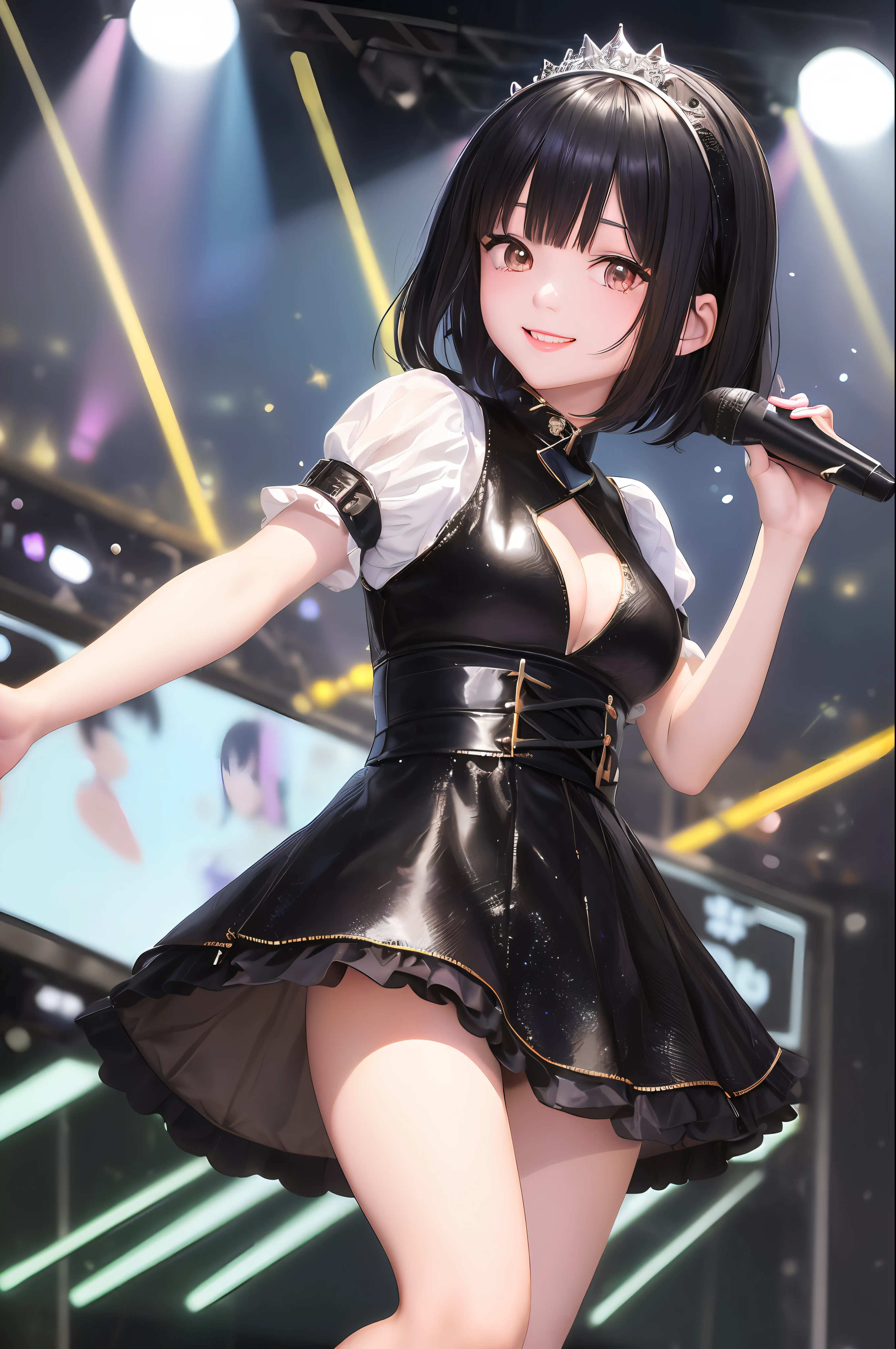 Japan female idol, dainty, 20 years old, black hair, short hair, big eyes, small face, cute, smile, cute, beautiful girl, wolfcut, concert, glitter, skirt, idol style, figure singing with a microphone, lively, fluffy costume, light blue costume, fan service, wink, throwing kiss, similar to Rio Nagao