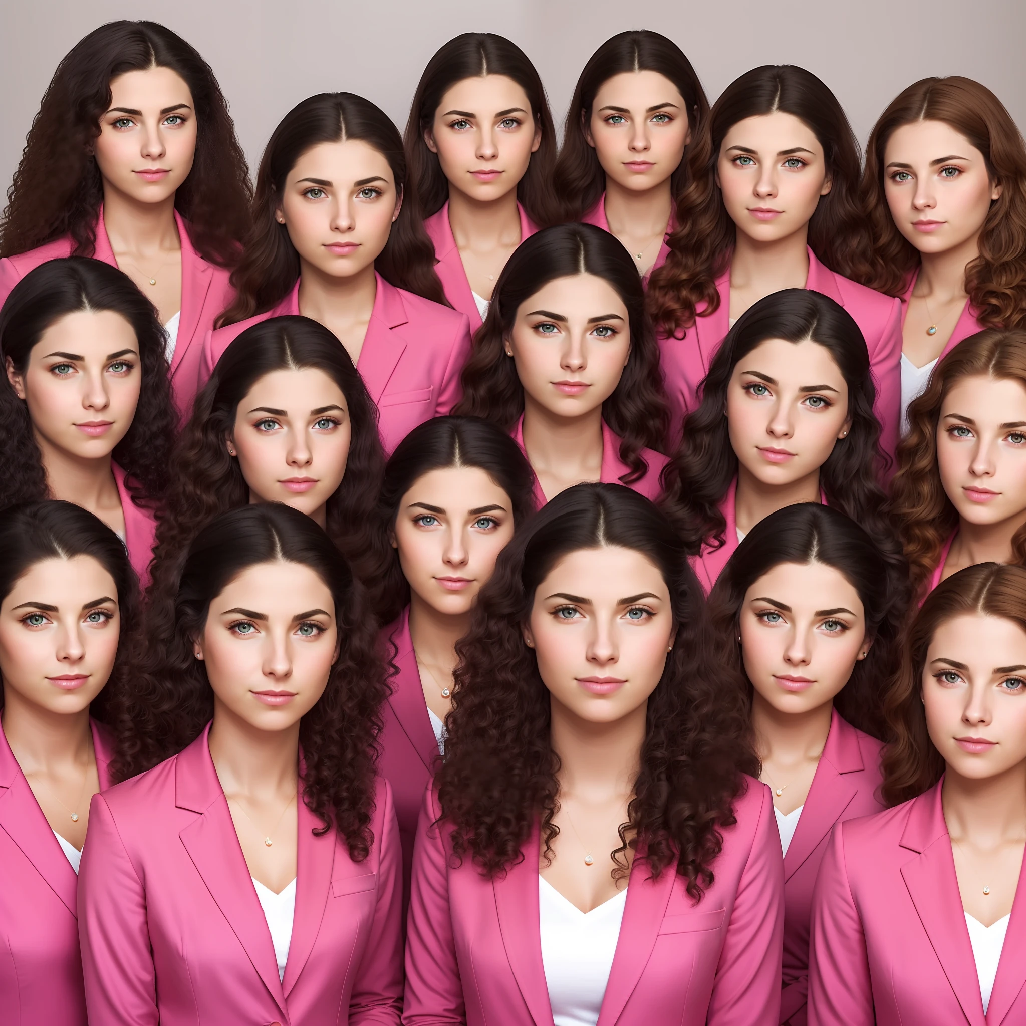 stunning identical sextuplets standing close together, in a room, 25 years old, full body, identical bodies, pale skin, athletic body, identical height, wearing pink skirt suits, wearing pink blazers, wearing pink pencil skirts, same faces, same hairstyle, long curly hair, same colour hair, light brown hair, five fingers on each hand, smiling, color, realistic, sharp focus on eyes, sharp focus on nose, 8 k, high definition, insanely detailed, elegant, ultra realistic, photorealism,