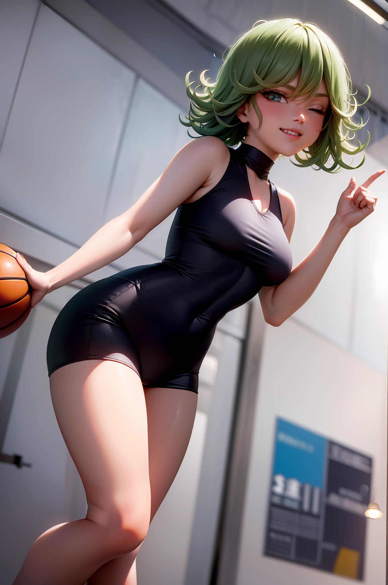 (Masterpiece, best quality: 1.7), solo, 1 girl, Tatsumaki, smile, mouth closed, looking at the audience, basketball in hand, standing on basketball court, medium breasts, (loose basketball suit: 1.6).