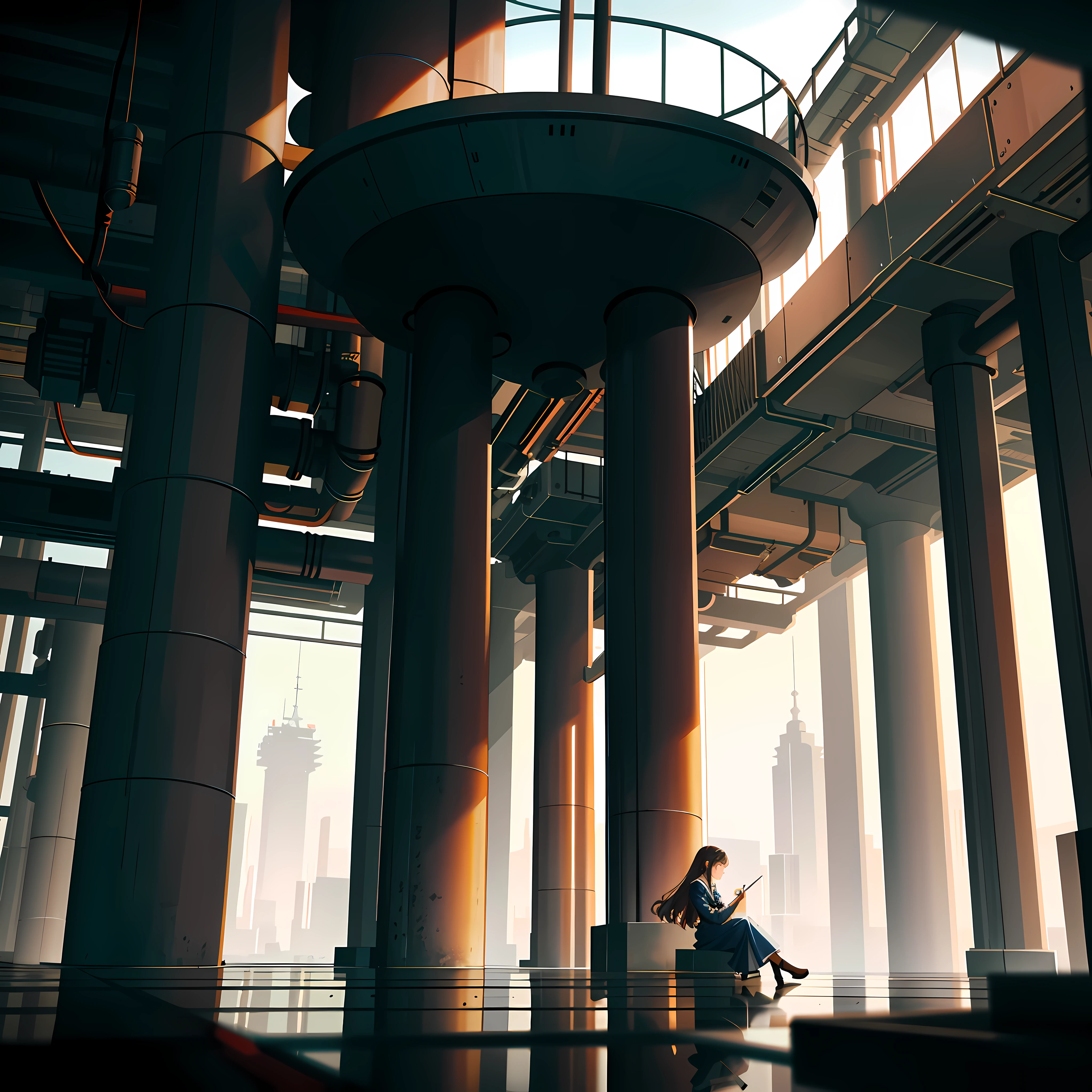 masterpiece, best quality, high quality, movie lighting, beautifully aesthetic, ultra detailed, amazing composition, floating, depth of the picture, (highly detailed cg, unity 8k wallpaper), (beautifully detailed background), beautiful hair details, one girl, (machine body: 1.5), cute, the industrial pipes in a futuristic city are very tall and tall pipes, 1girl, watercraft, ship, scenery, solo, sitting, decadent marine city:1.4,